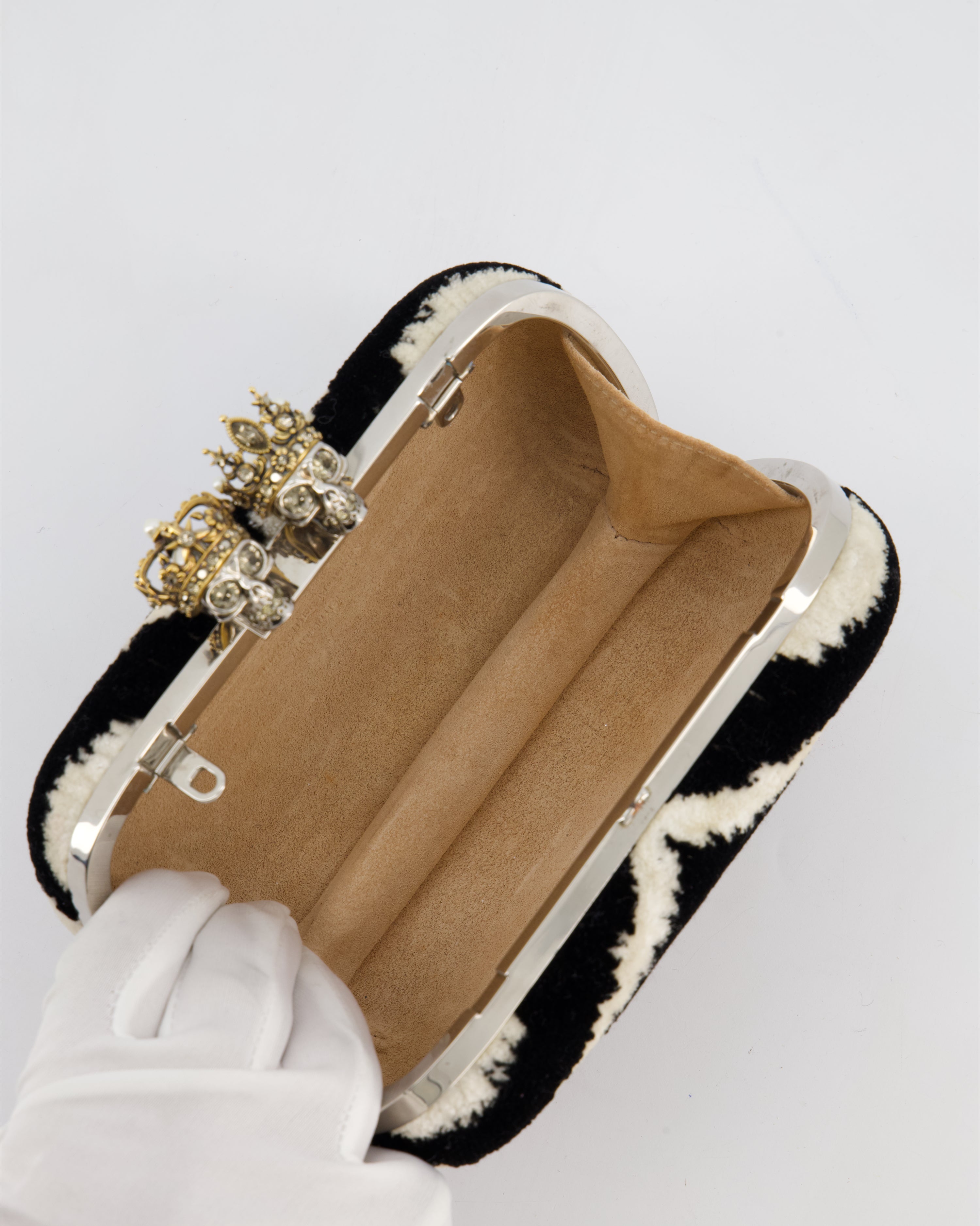 Alexander McQueen Black and White Zebra Print Skull Box Clutch Bag with Silver Hardware
