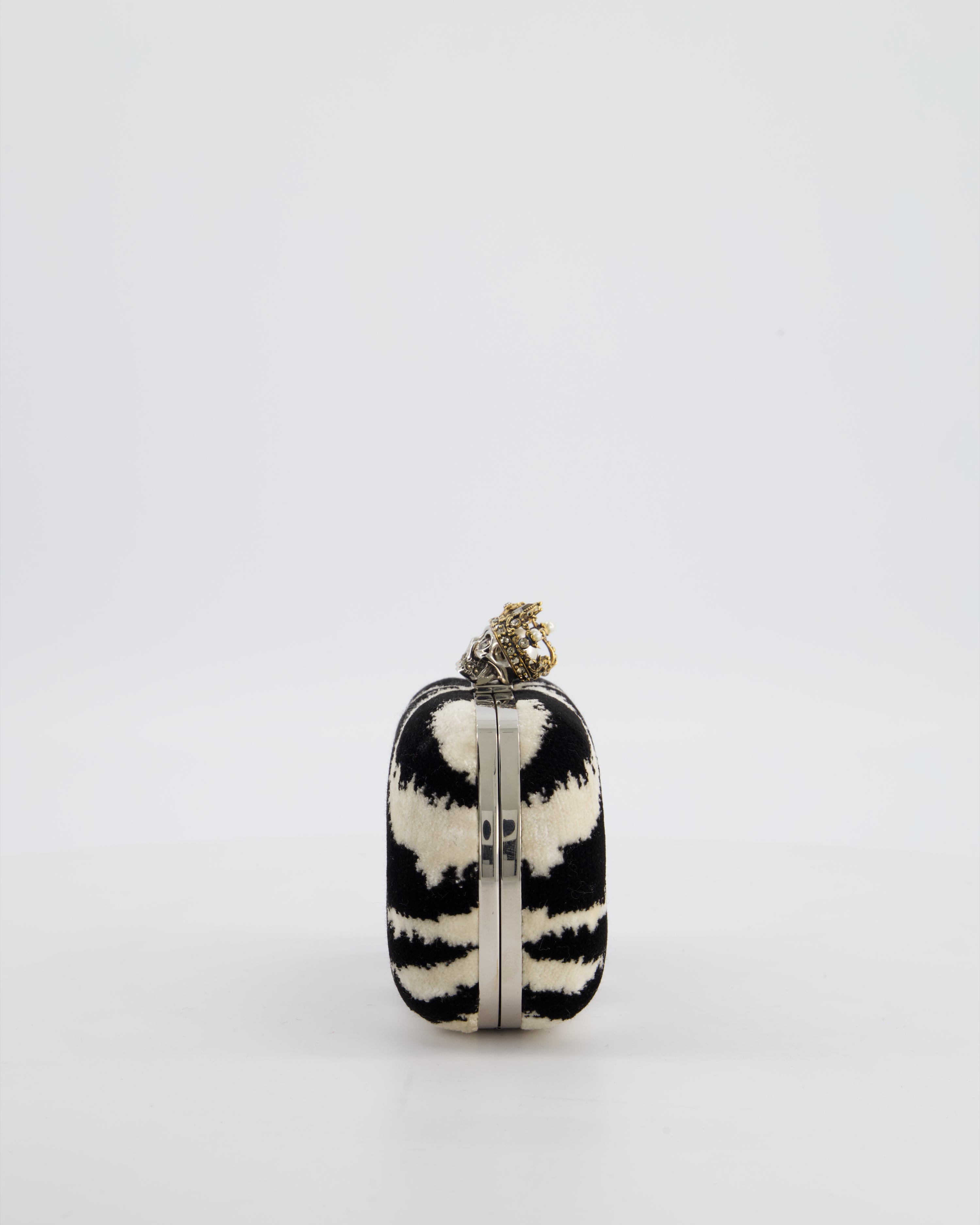 Alexander McQueen Black and White Zebra Print Skull Box Clutch Bag with Silver Hardware