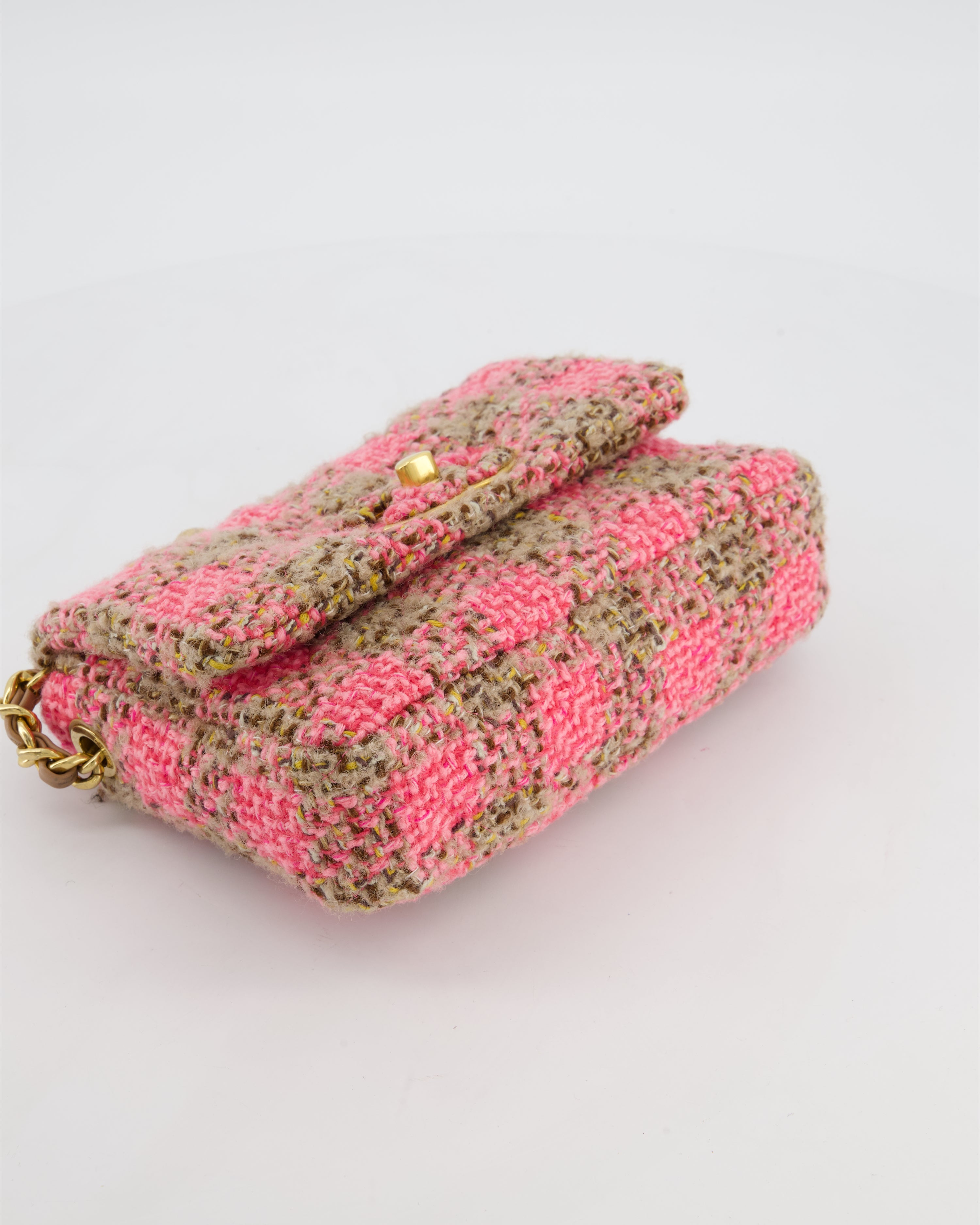 Chanel Mini 19 Flap Bag in Pink, Beige Check Tweed with Gold Hardware and Chunky Gold Chain Handle