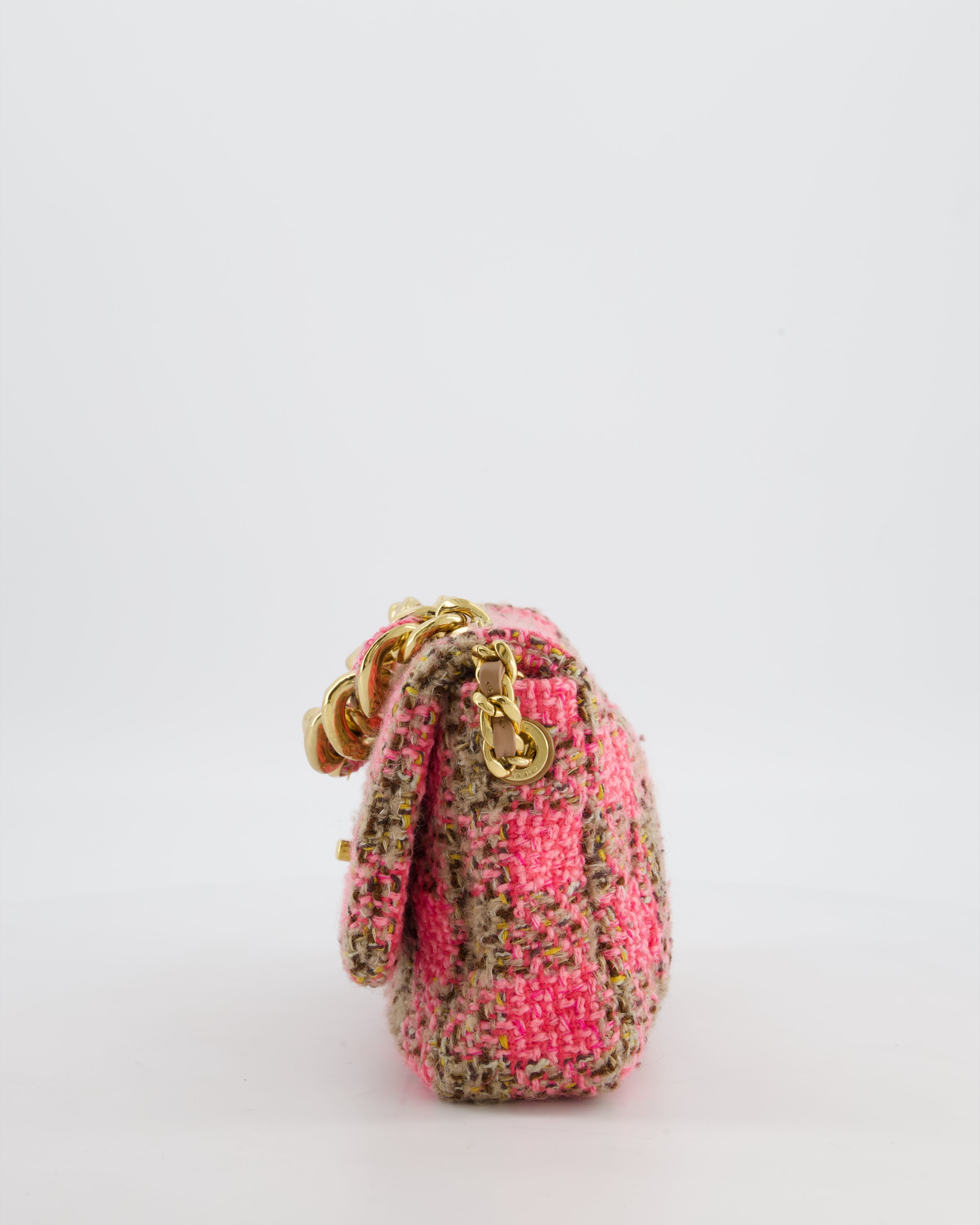 Chanel Mini 19 Flap Bag in Pink, Beige Check Tweed with Gold Hardware and Chunky Gold Chain Handle