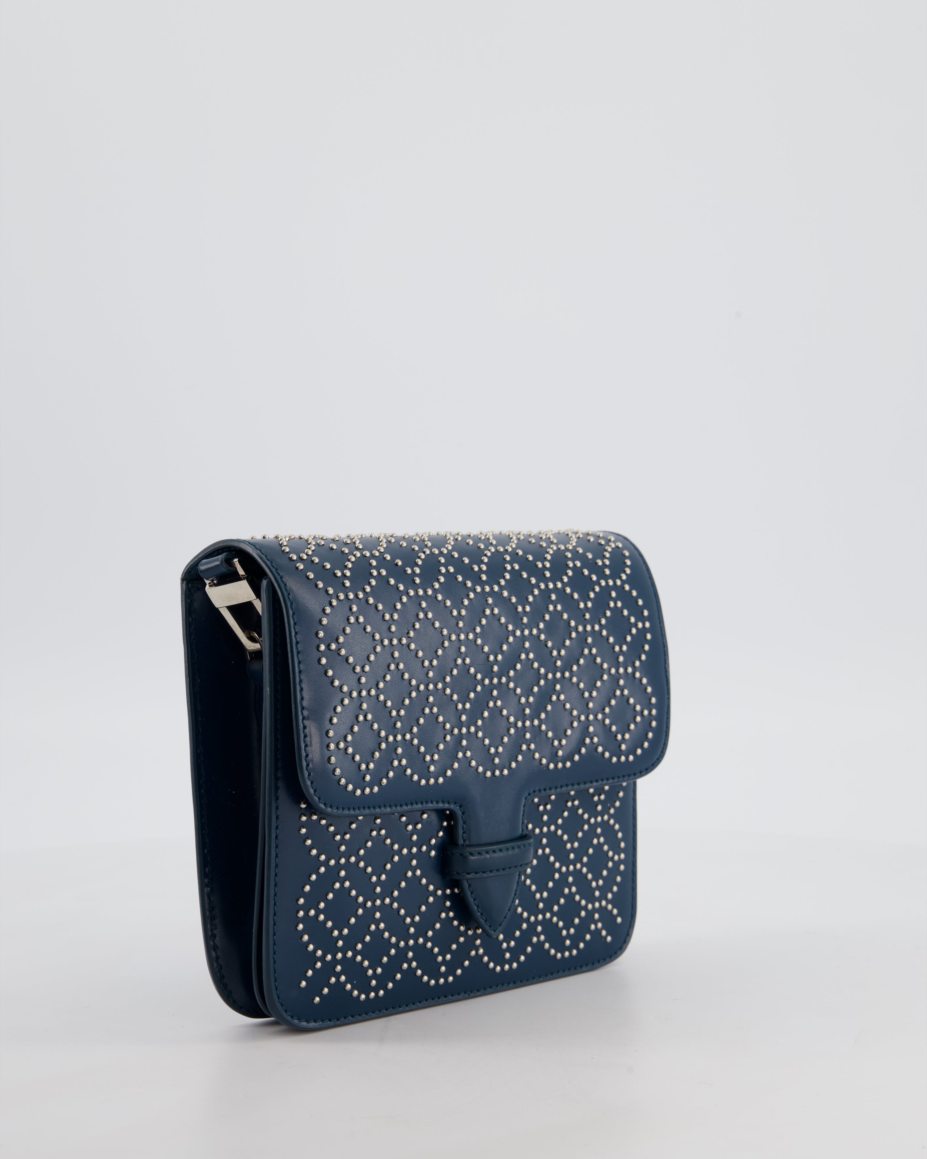 Alaïa Studded Leather Mini Shoulder Bag in Teal Leather with Silver Hardware