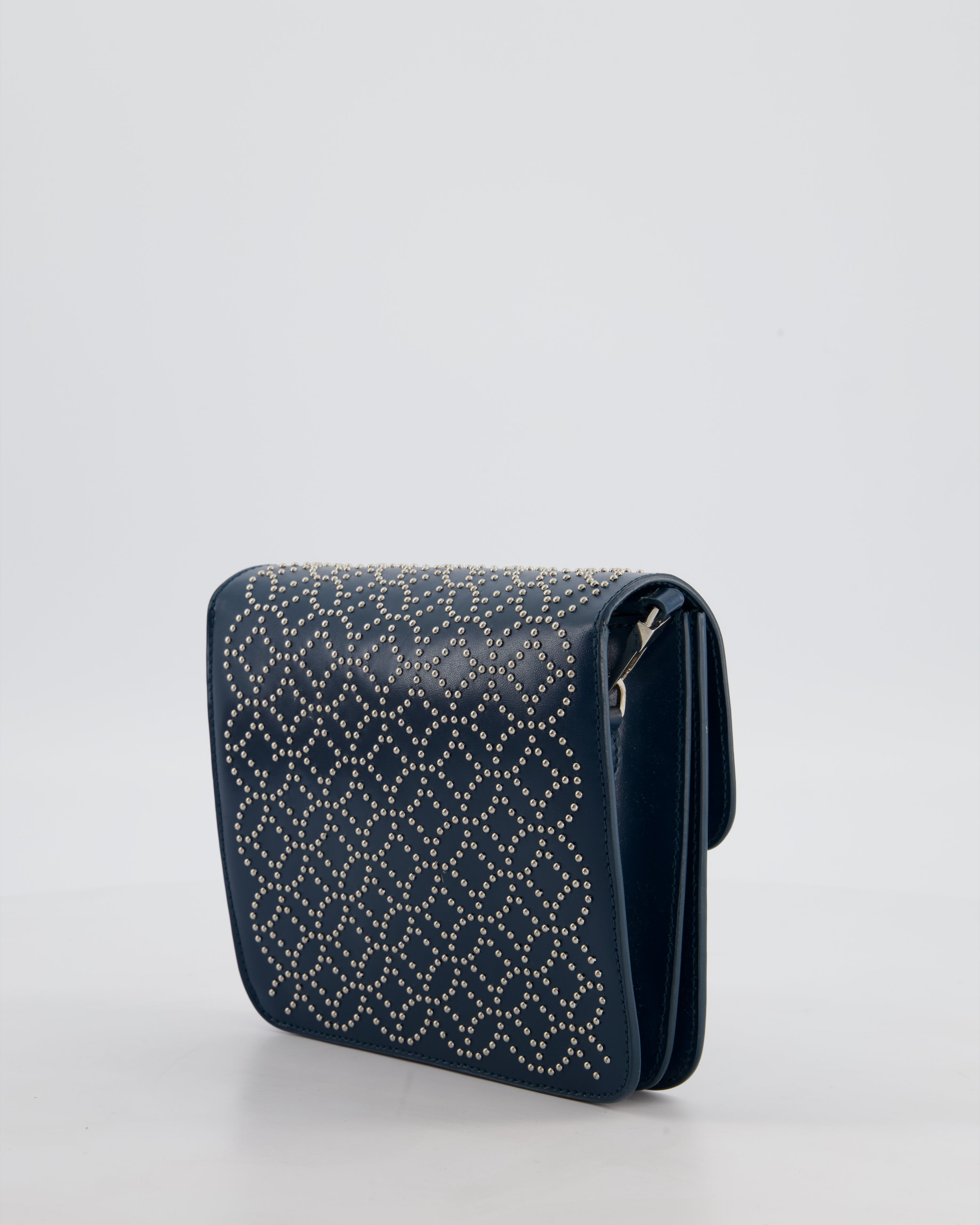 Alaïa Studded Leather Mini Shoulder Bag in Teal Leather with Silver Hardware