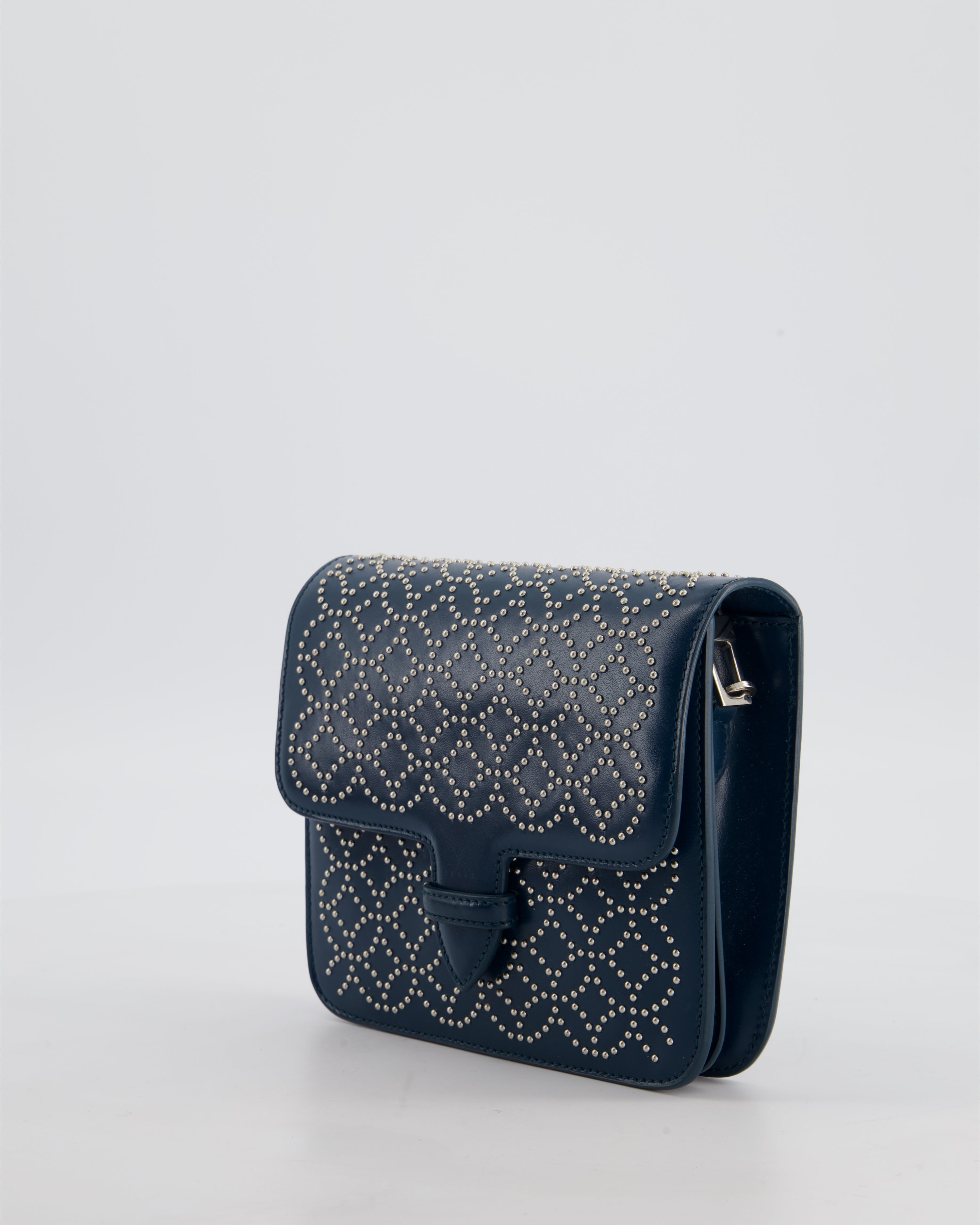 Alaïa Studded Leather Mini Shoulder Bag in Teal Leather with Silver Hardware