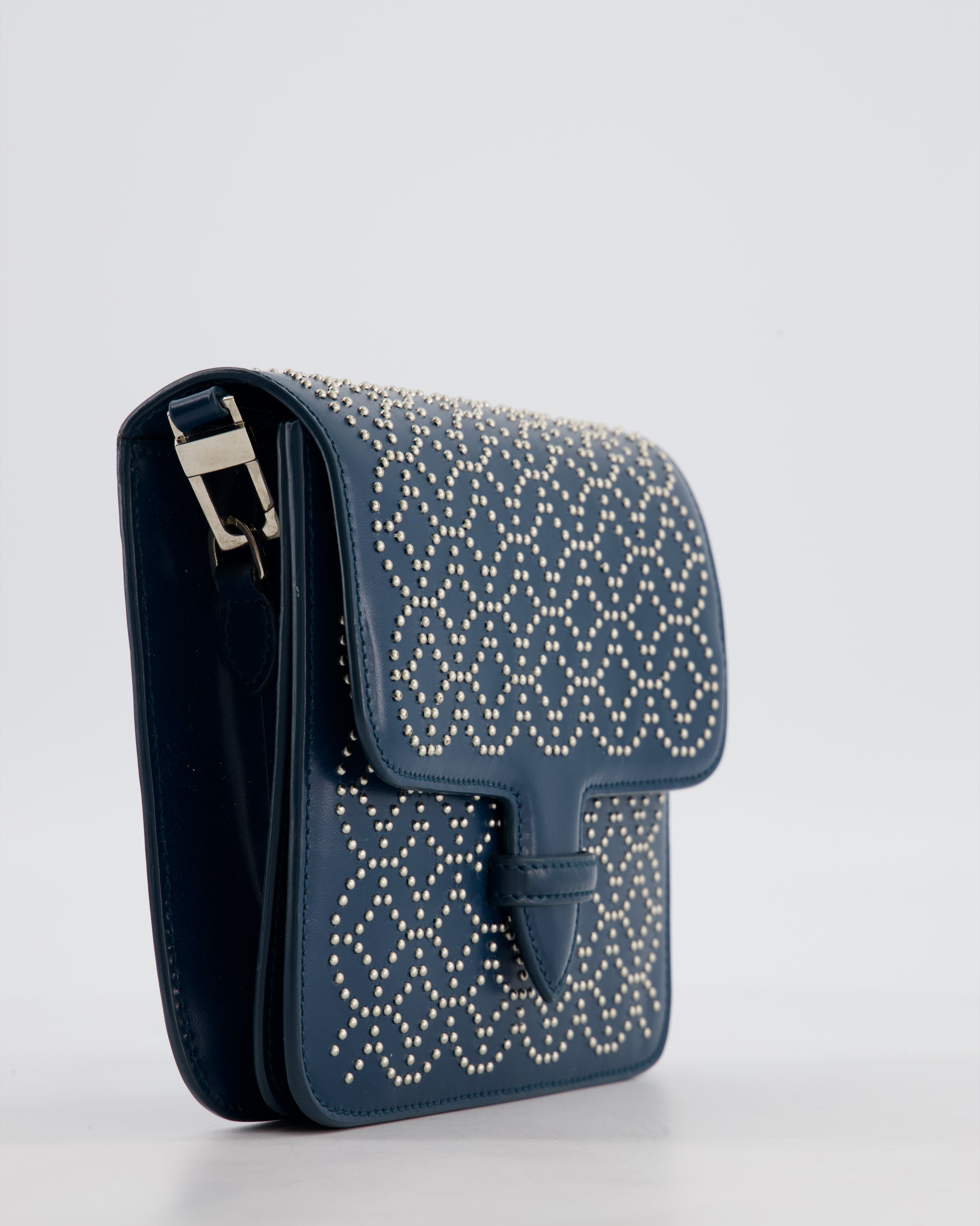Alaïa Studded Leather Mini Shoulder Bag in Teal Leather with Silver Hardware
