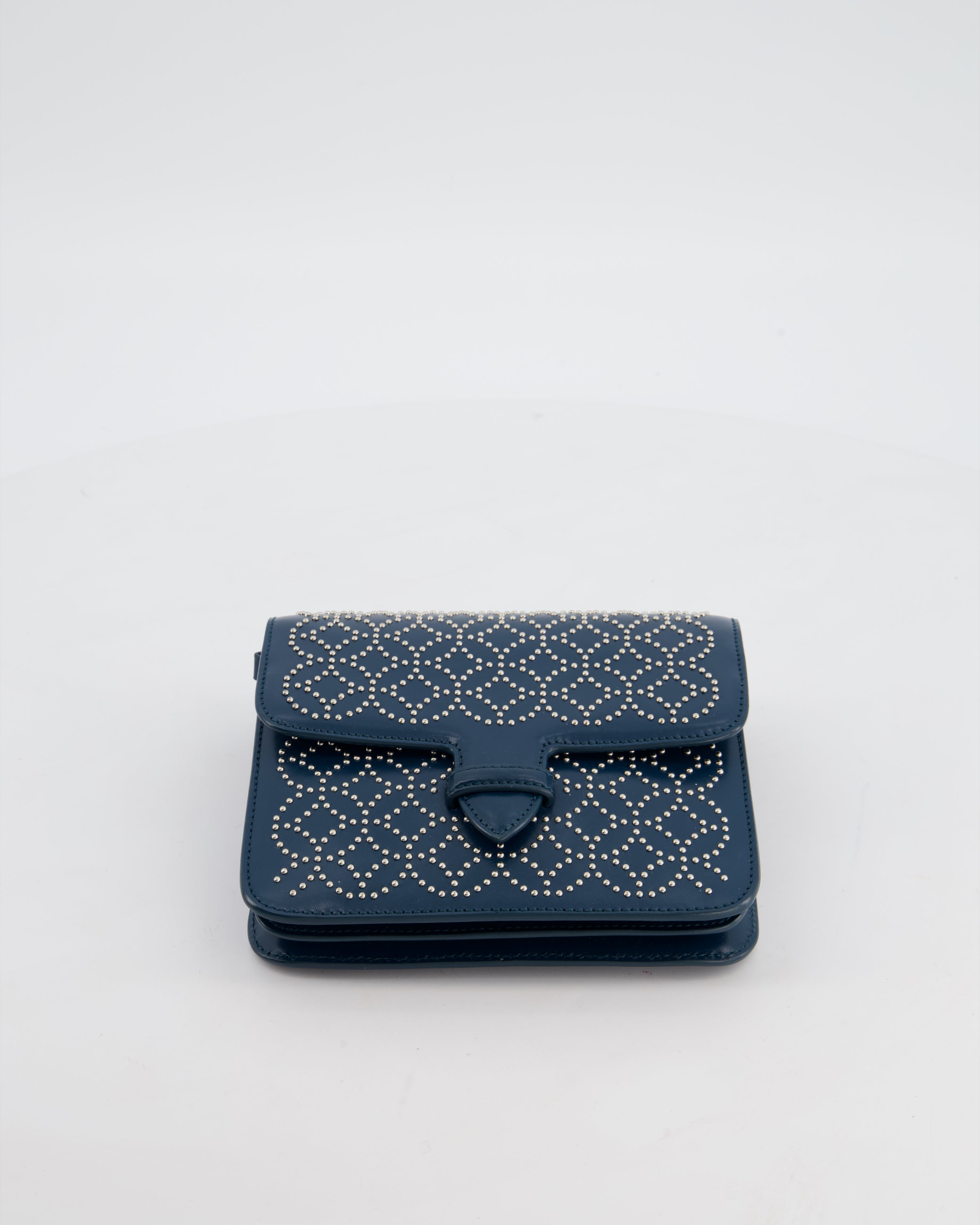 Alaïa Studded Leather Mini Shoulder Bag in Teal Leather with Silver Hardware