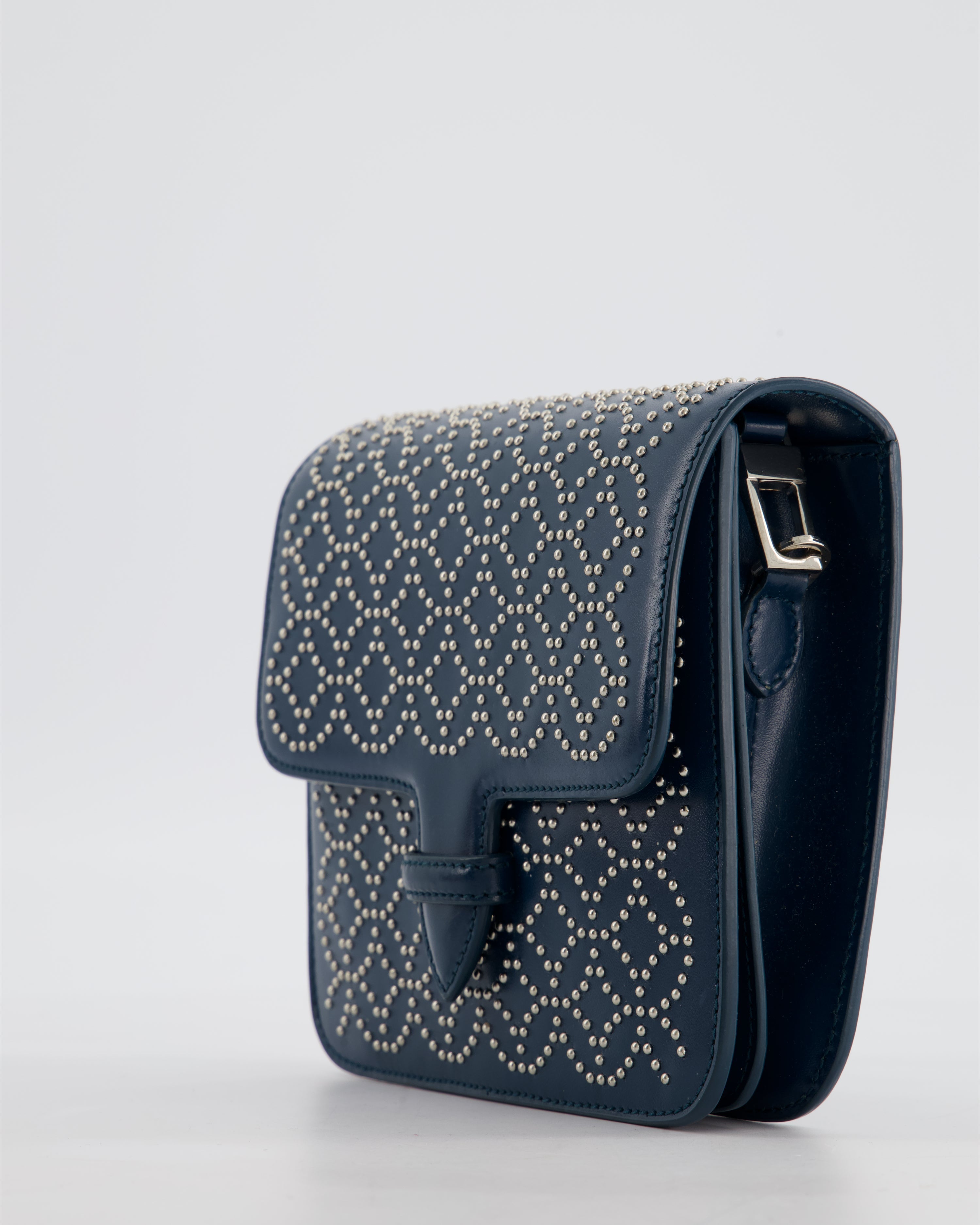 Alaïa Studded Leather Mini Shoulder Bag in Teal Leather with Silver Hardware