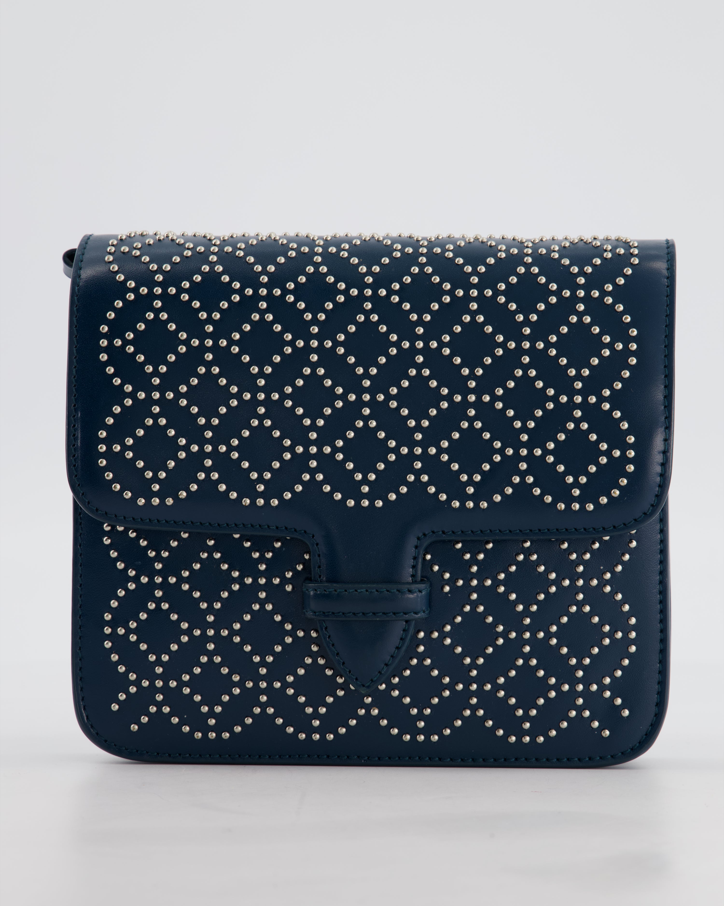 Alaïa Studded Leather Mini Shoulder Bag in Teal Leather with Silver Hardware