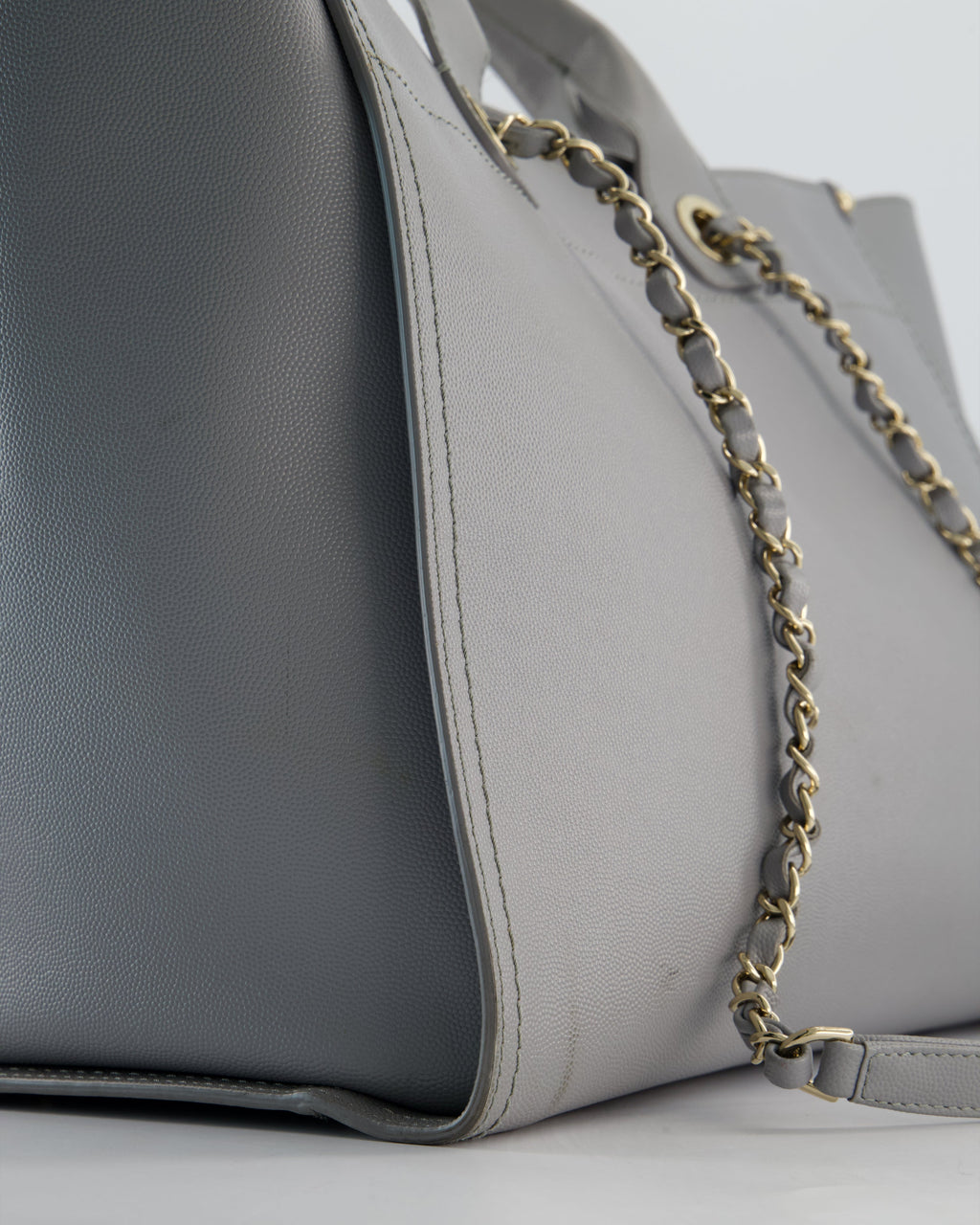 Chanel Grey Caviar Leather Medium Deauville Tote Bag with Champagne Gold Hardware