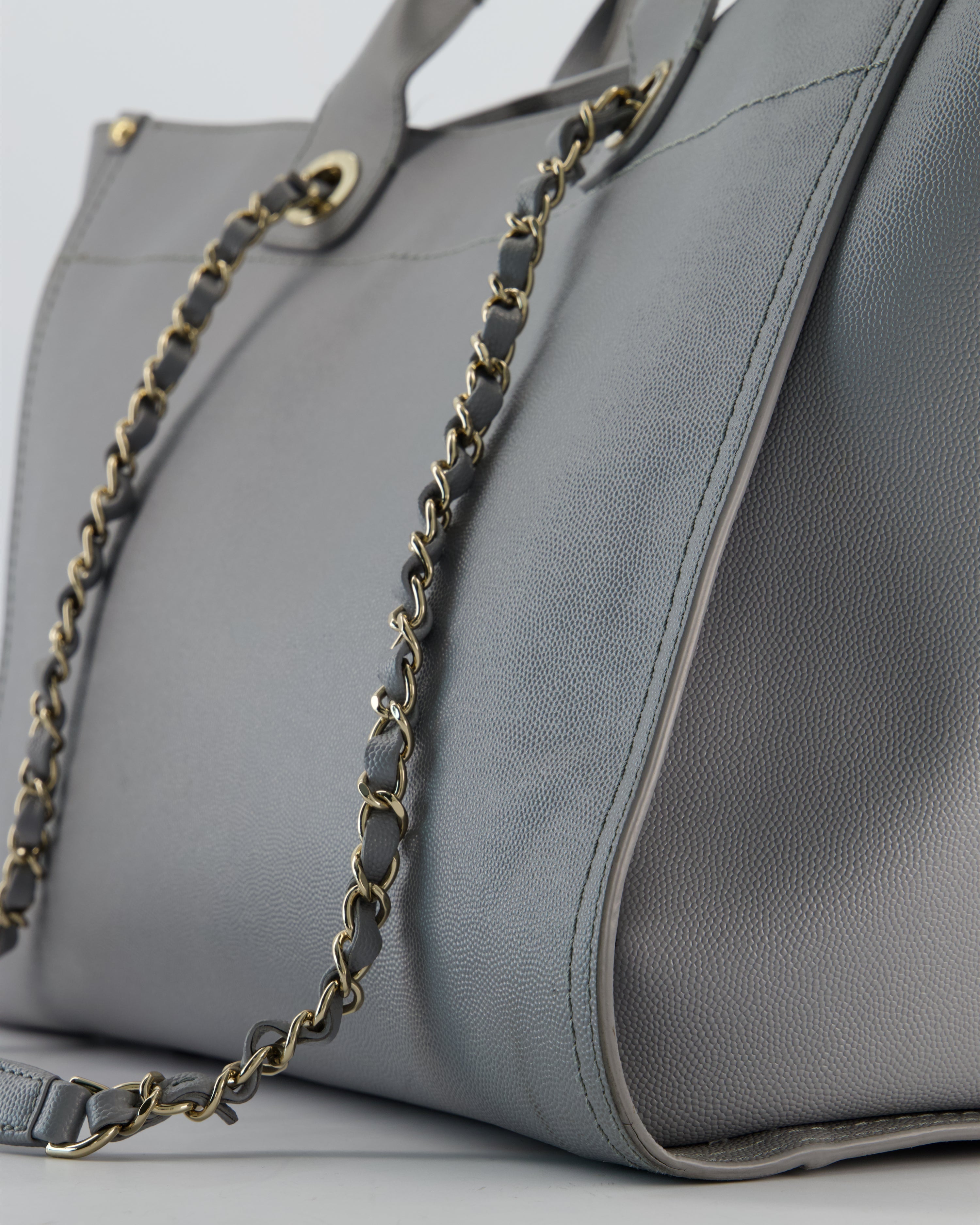 Chanel Grey Caviar Leather Medium Deauville Tote Bag with Champagne Gold Hardware