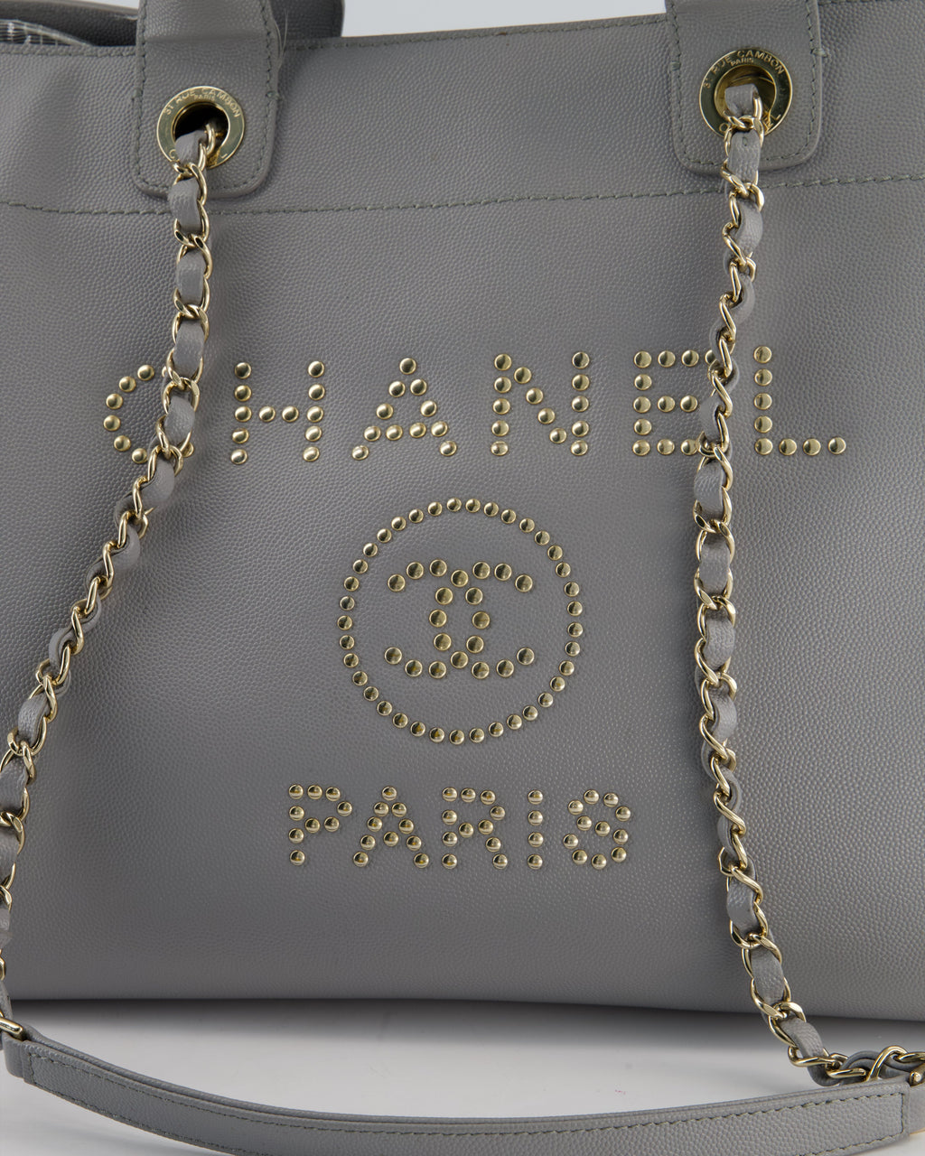 Chanel Grey Caviar Leather Medium Deauville Tote Bag with Champagne Gold Hardware