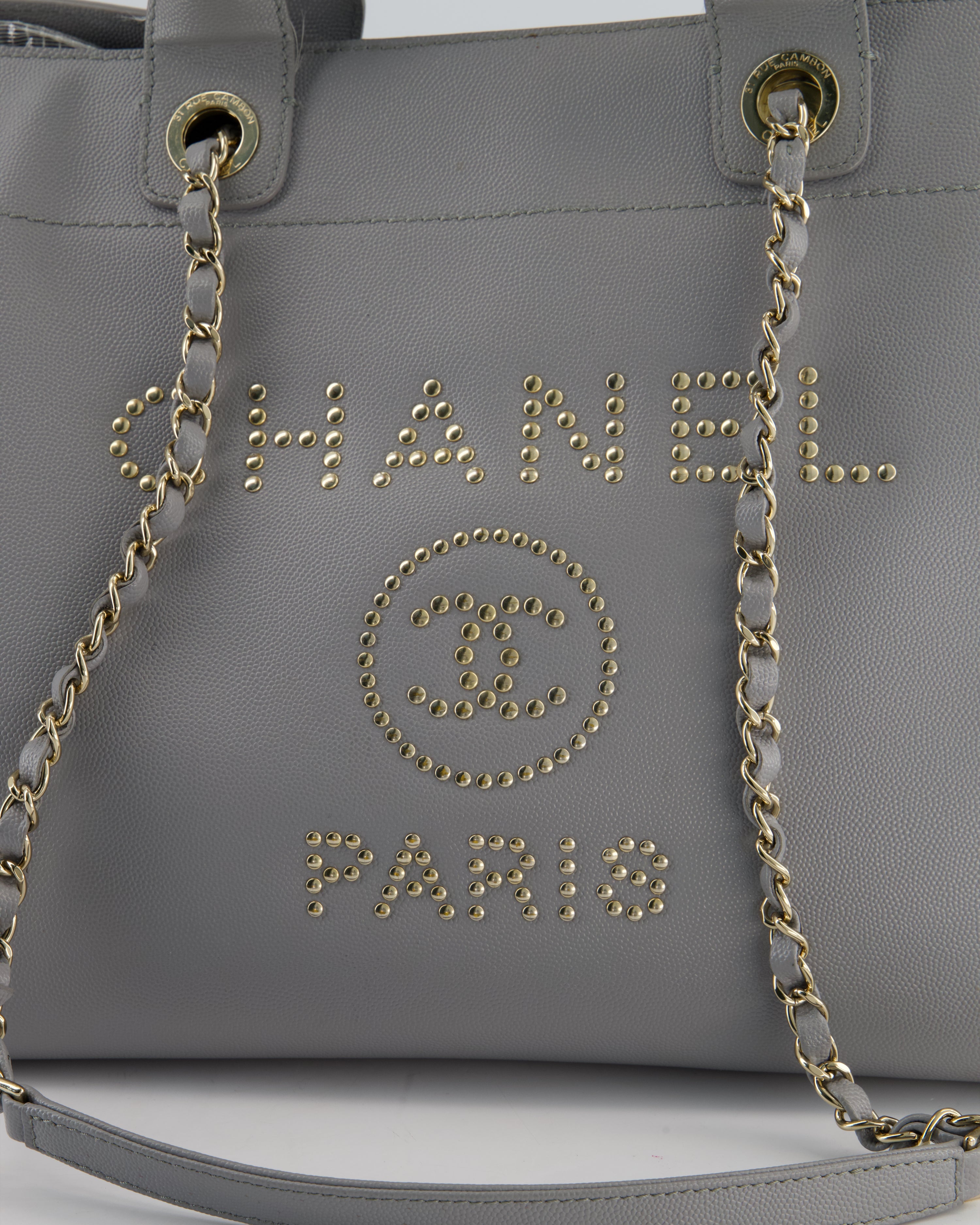 Chanel Grey Caviar Leather Medium Deauville Tote Bag with Champagne Gold Hardware