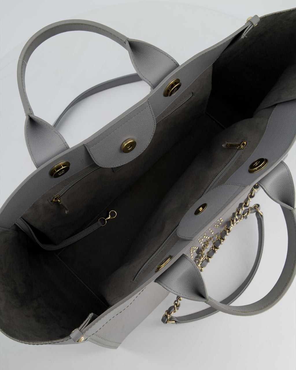 Chanel Grey Caviar Leather Medium Deauville Tote Bag with Champagne Gold Hardware