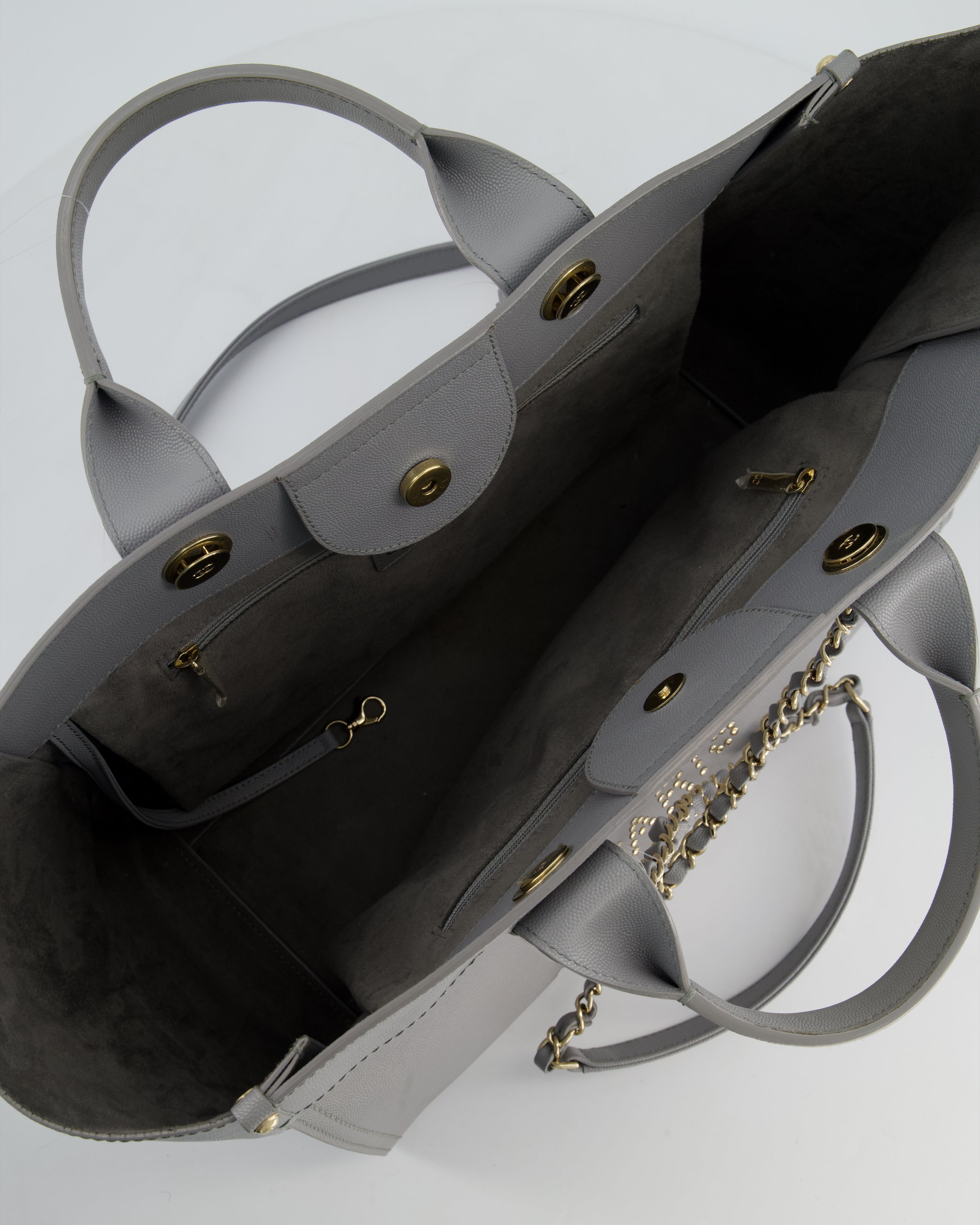 Chanel Grey Caviar Leather Medium Deauville Tote Bag with Champagne Gold Hardware
