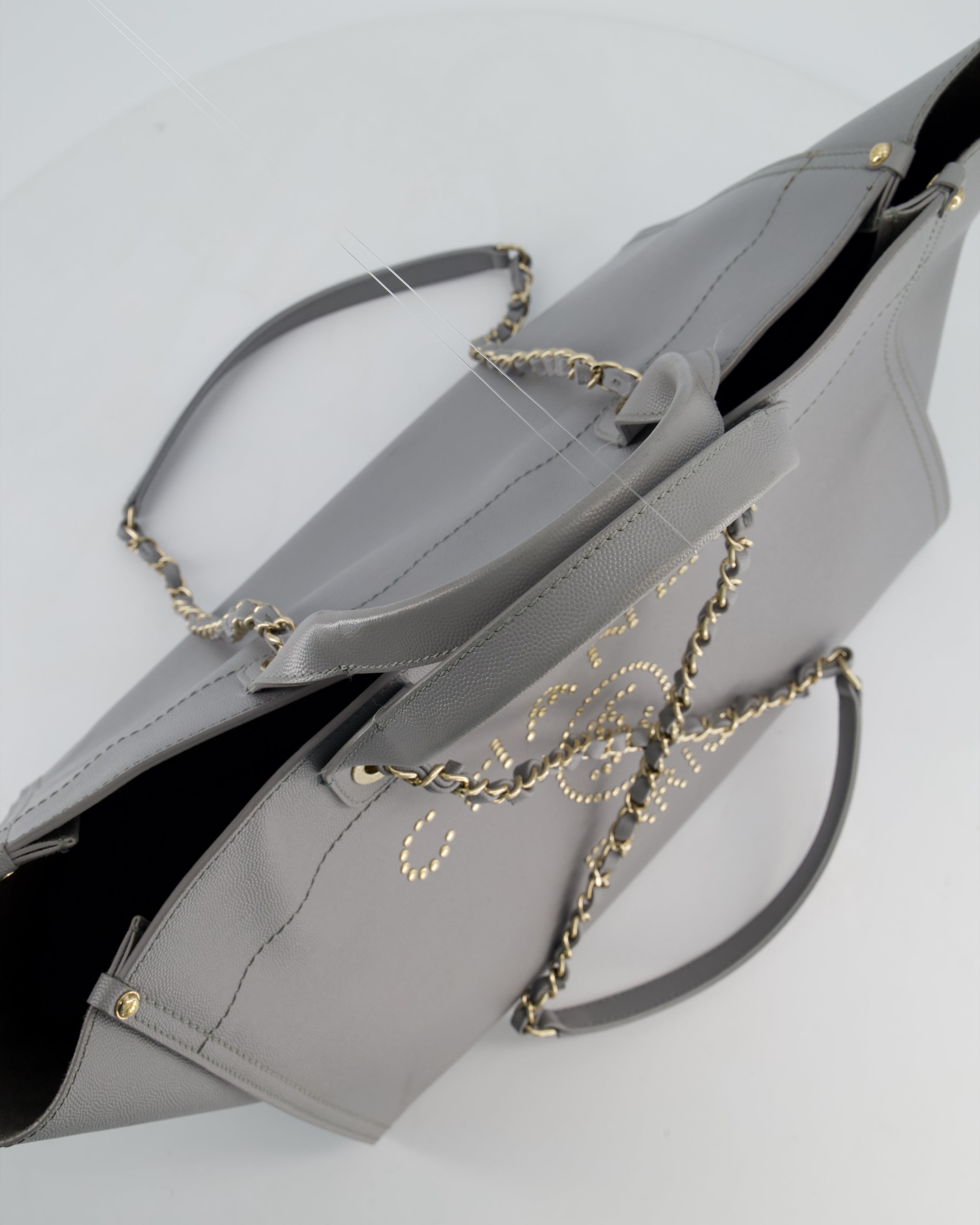 Chanel Grey Caviar Leather Medium Deauville Tote Bag with Champagne Gold Hardware