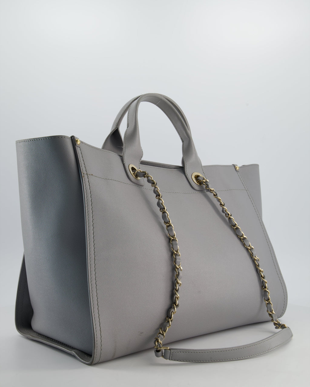 Chanel Grey Caviar Leather Medium Deauville Tote Bag with Champagne Gold Hardware