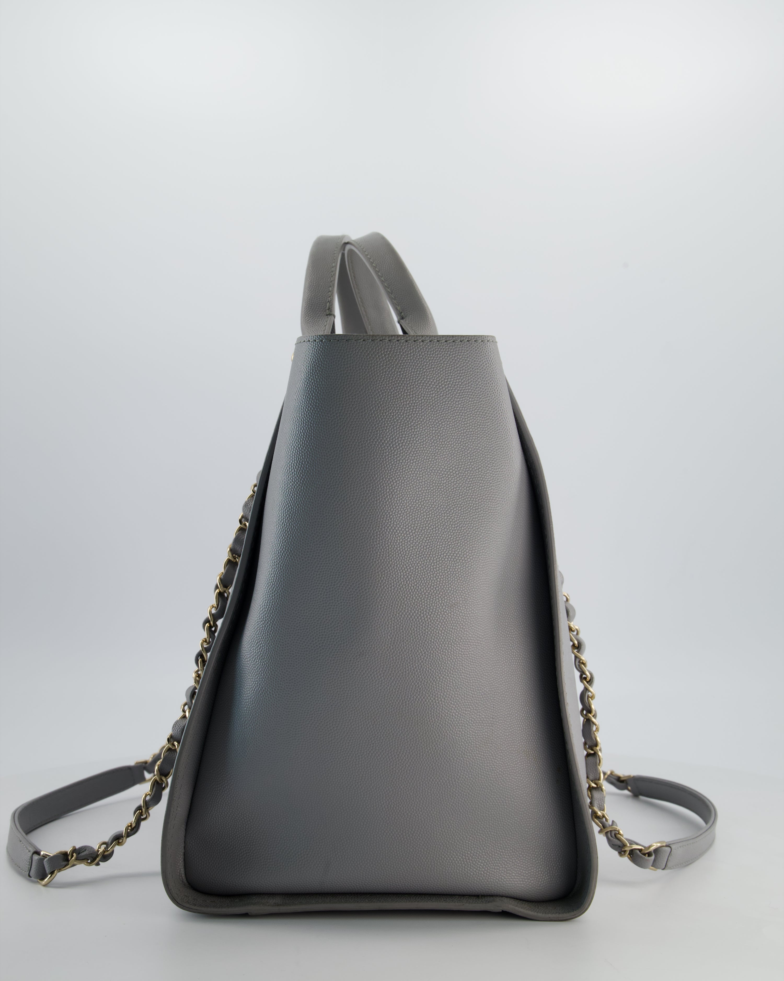 Chanel Grey Caviar Leather Medium Deauville Tote Bag with Champagne Gold Hardware