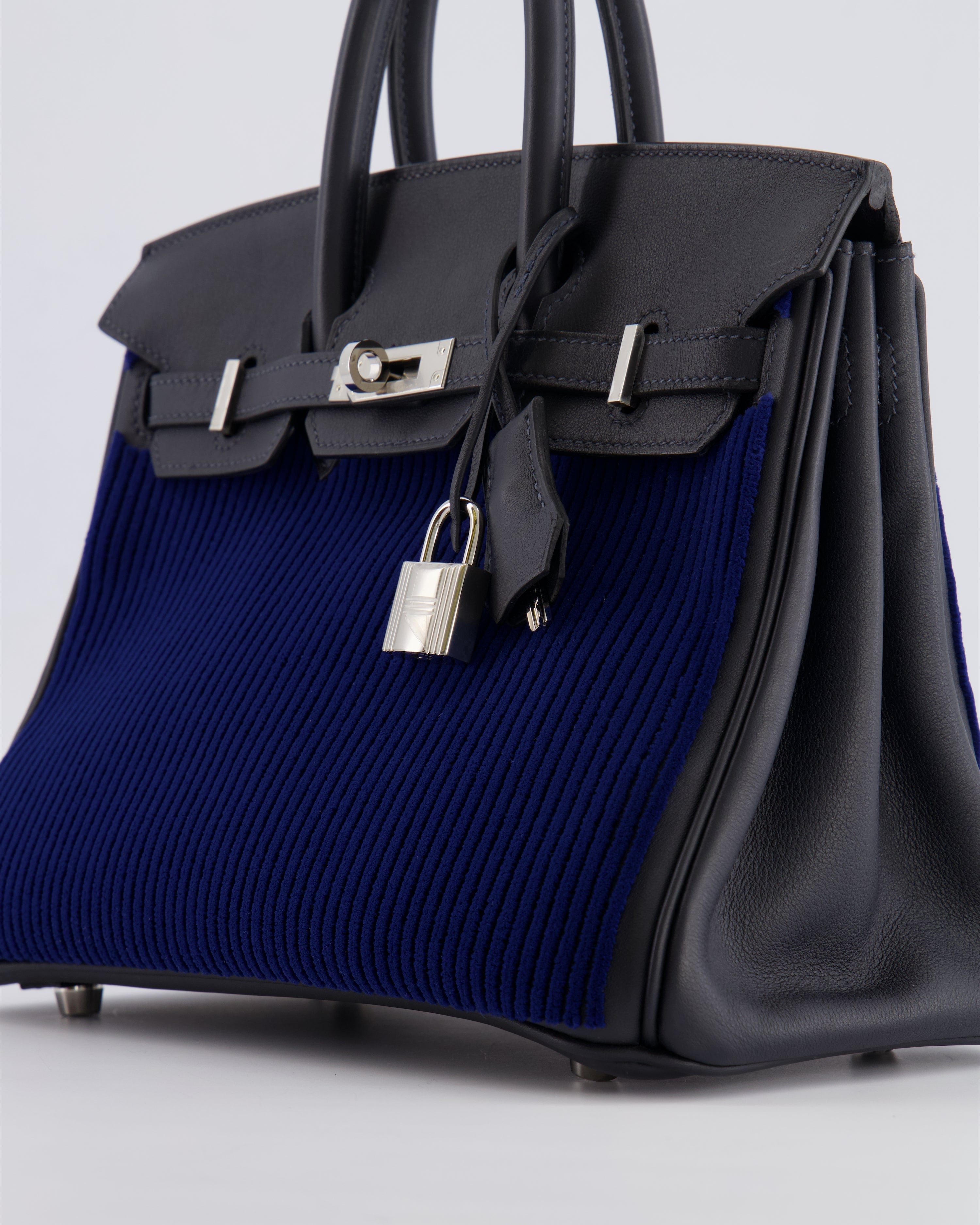 *RARE* Hermès Birkin 25 Côte à Côte Retourne Bag in Bleu Saphir Tuffetage and Caban Swift Leather with Palladium Hardware