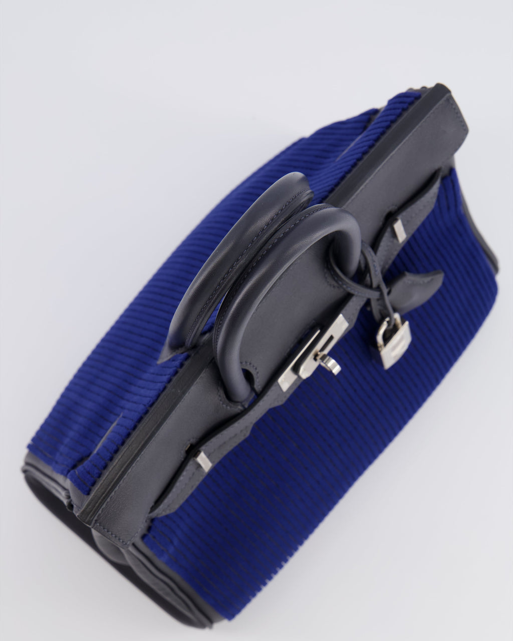 *RARE* Hermès Birkin 25 Côte à Côte Retourne Bag in Bleu Saphir Tuffetage and Caban Swift Leather with Palladium Hardware