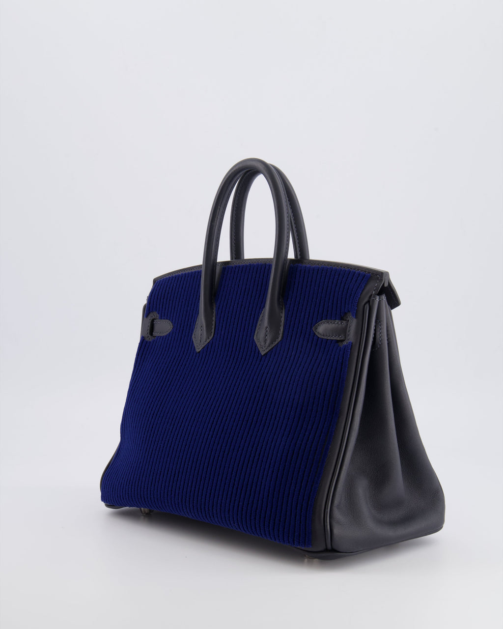 *RARE* Hermès Birkin 25 Côte à Côte Retourne Bag in Bleu Saphir Tuffetage and Caban Swift Leather with Palladium Hardware