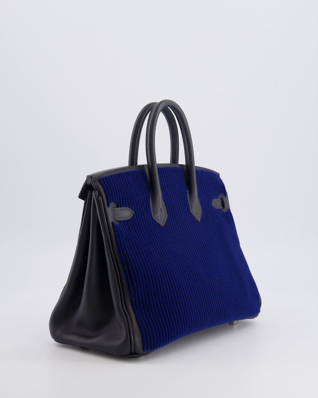 *RARE* Hermès Birkin 25 Côte à Côte Retourne Bag in Bleu Saphir Tuffetage and Caban Swift Leather with Palladium Hardware