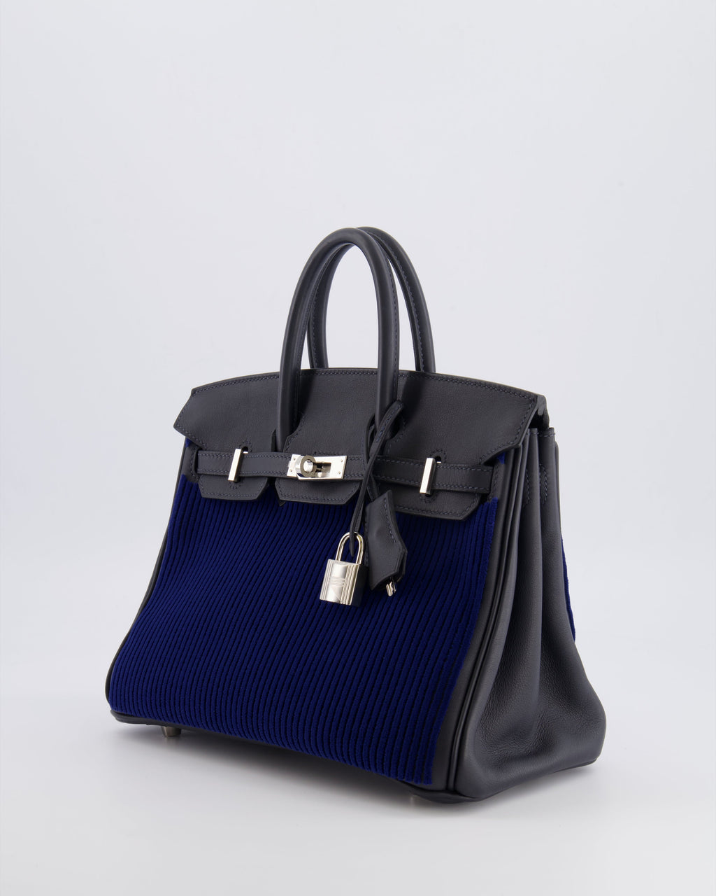 *RARE* Hermès Birkin 25 Côte à Côte Retourne Bag in Bleu Saphir Tuffetage and Caban Swift Leather with Palladium Hardware