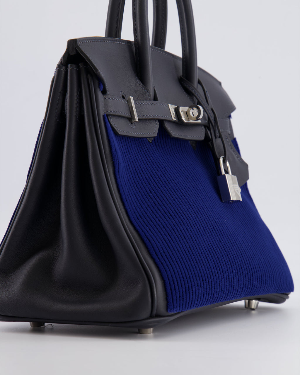 *RARE* Hermès Birkin 25 Côte à Côte Retourne Bag in Bleu Saphir Tuffetage and Caban Swift Leather with Palladium Hardware