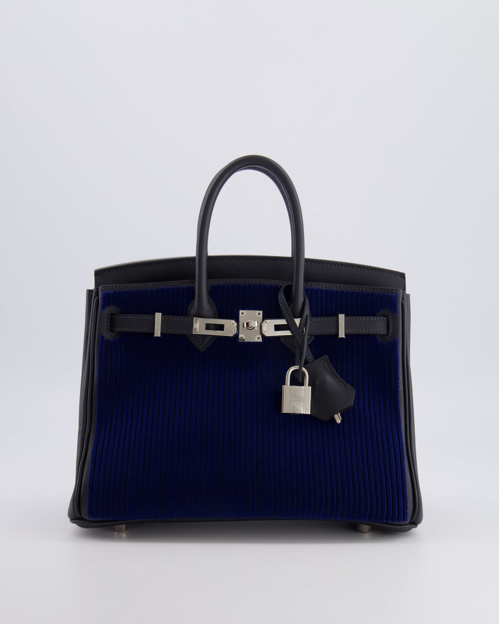 *RARE* Hermès Birkin 25 Côte à Côte Retourne Bag in Bleu Saphir Tuffetage and Caban Swift Leather with Palladium Hardware