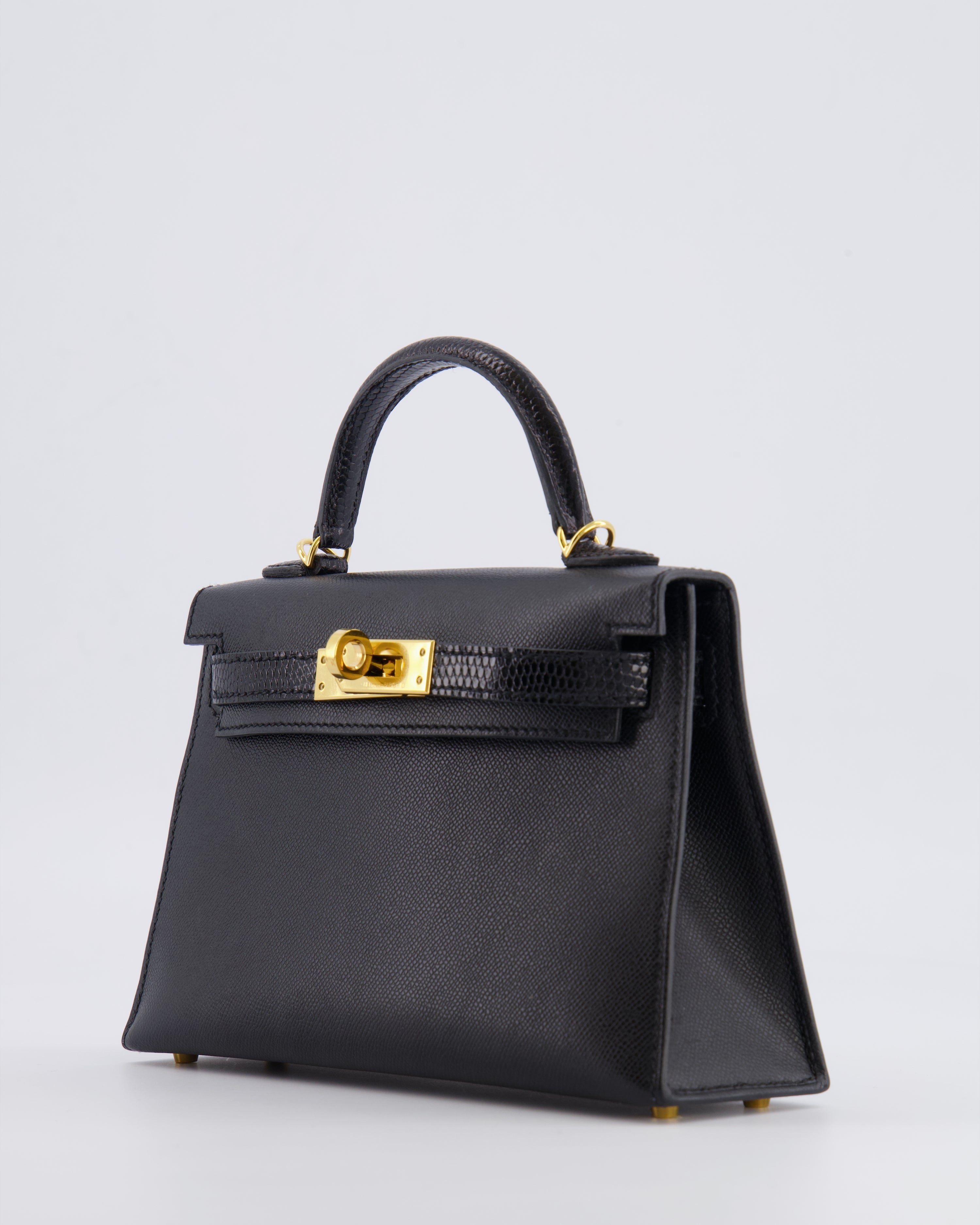 Hermès Mini Kelly II 20cm Touch Bag in Noir Madame and Lizard Leather with Gold Hardware