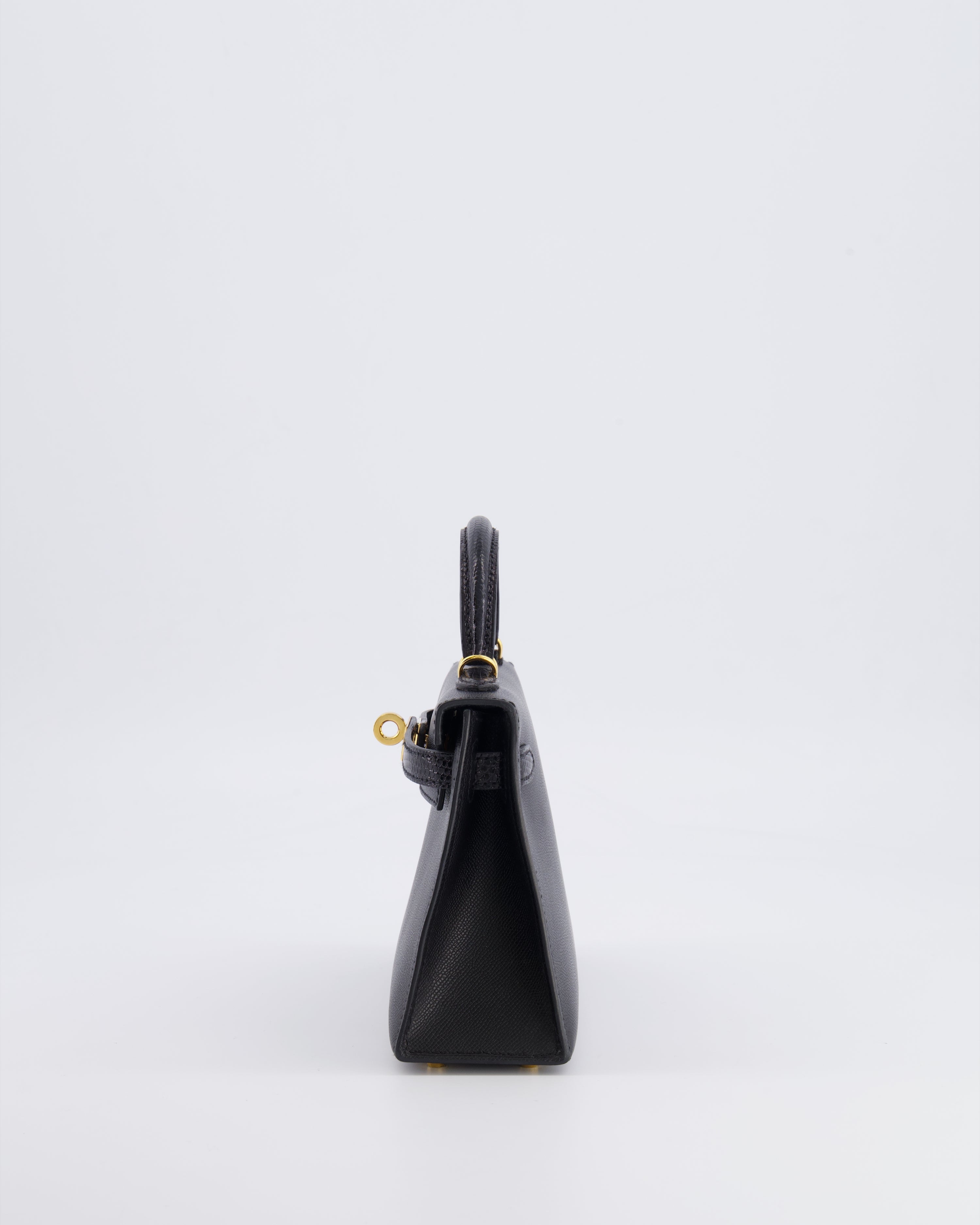 Hermès Mini Kelly II 20cm Touch Bag in Noir Madame and Lizard Leather with Gold Hardware