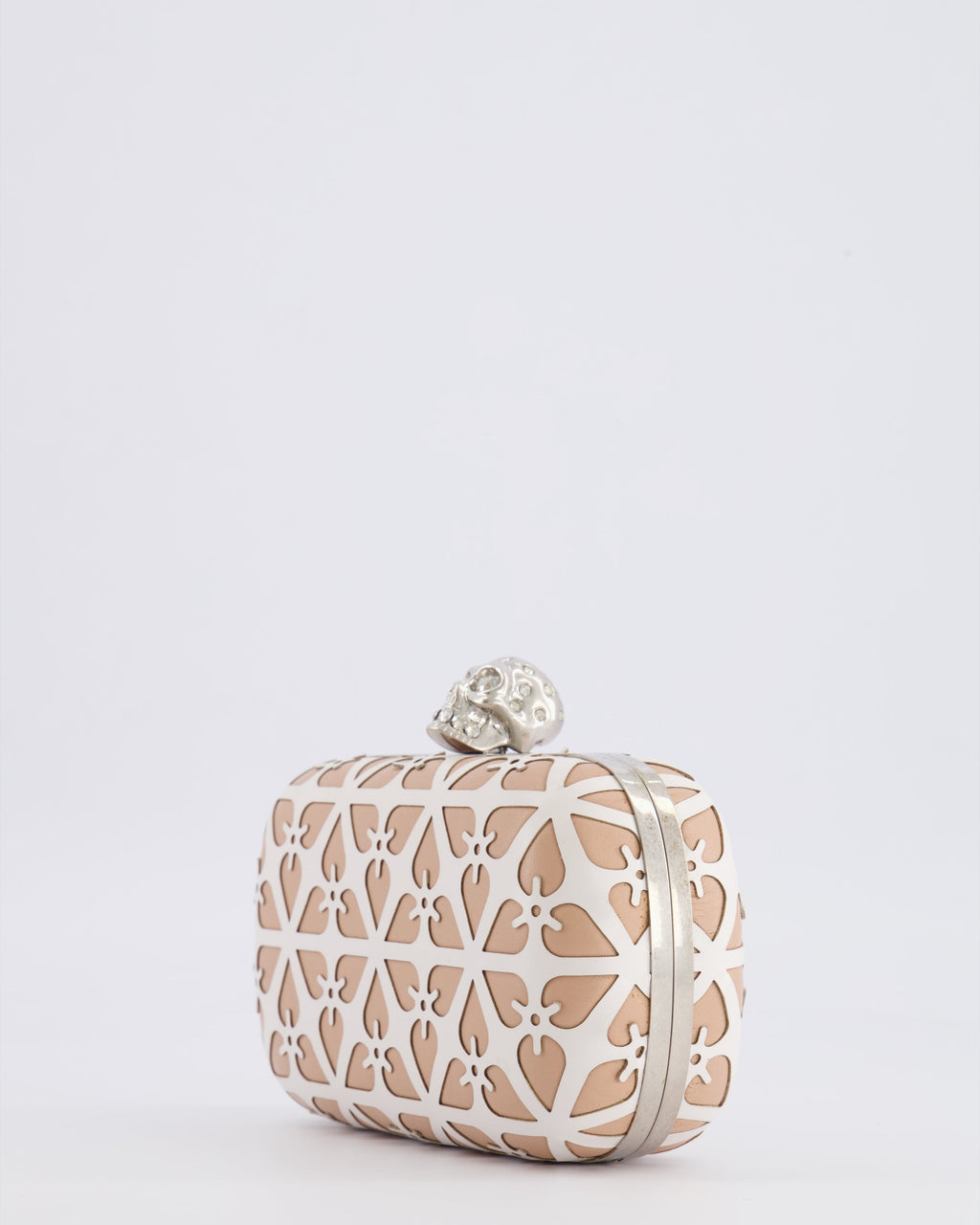 Alexander McQueen Beige and White Leather Laser Cut Skull Box Chain Clutch Bag with Silver and Crystal Embellished Skull Detail RRP £2,690