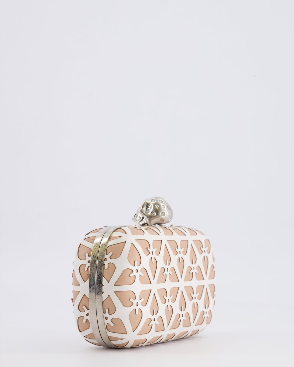 Alexander McQueen Beige and White Leather Laser Cut Skull Box Chain Clutch Bag with Silver and Crystal Embellished Skull Detail RRP £2,690