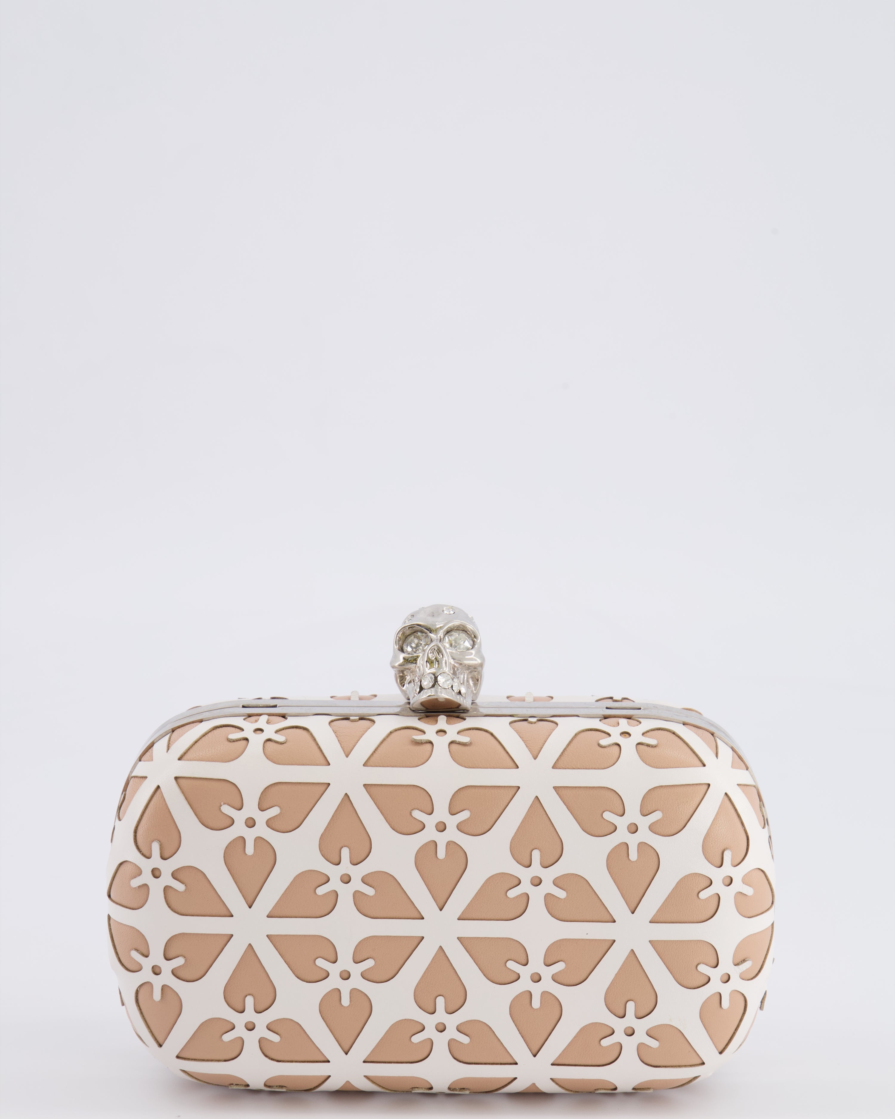 Alexander McQueen Beige and White Leather Laser Cut Skull Box Chain Clutch Bag with Silver and Crystal Embellished Skull Detail RRP £2,690
