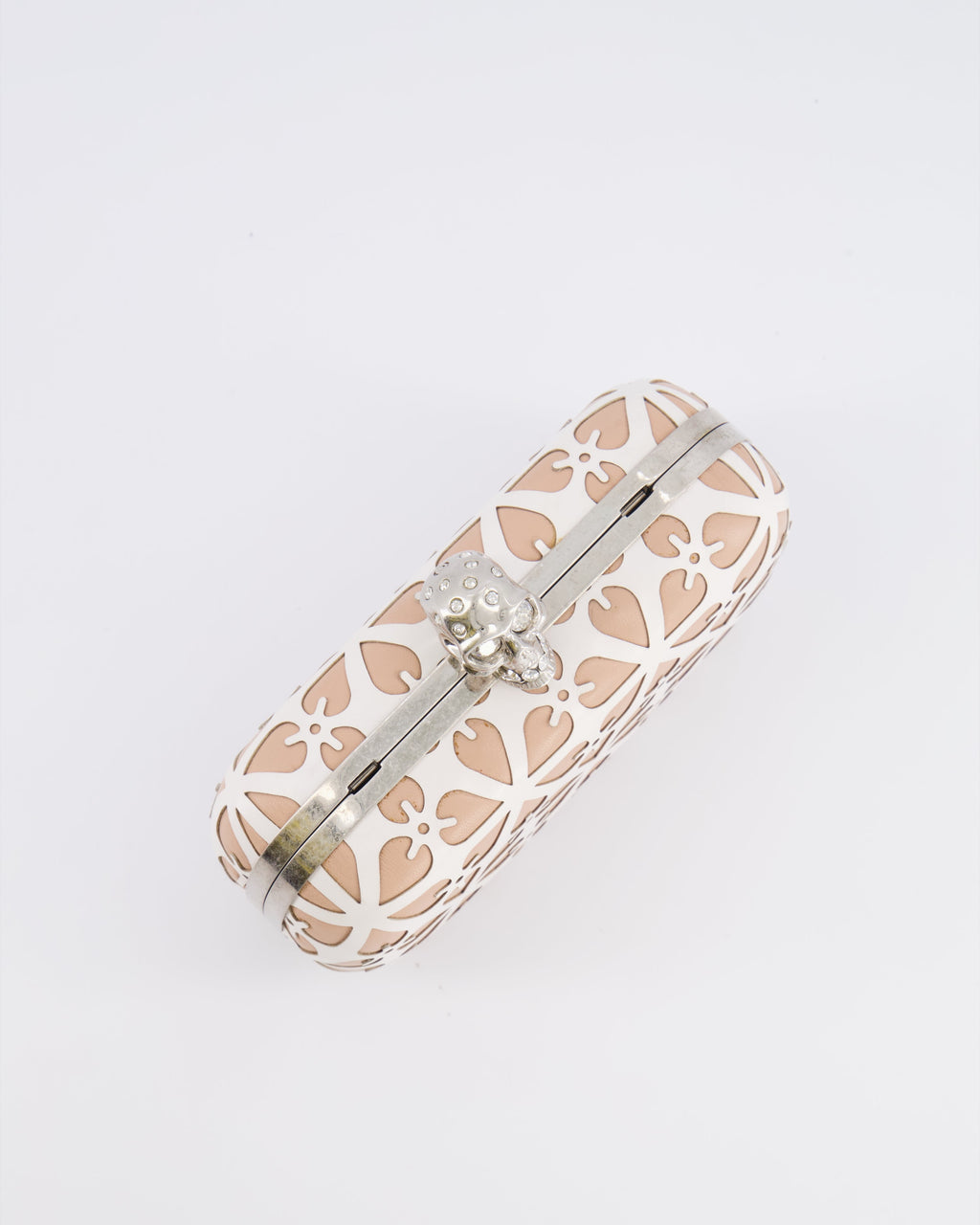 Alexander McQueen Beige and White Leather Laser Cut Skull Box Chain Clutch Bag with Silver and Crystal Embellished Skull Detail RRP £2,690