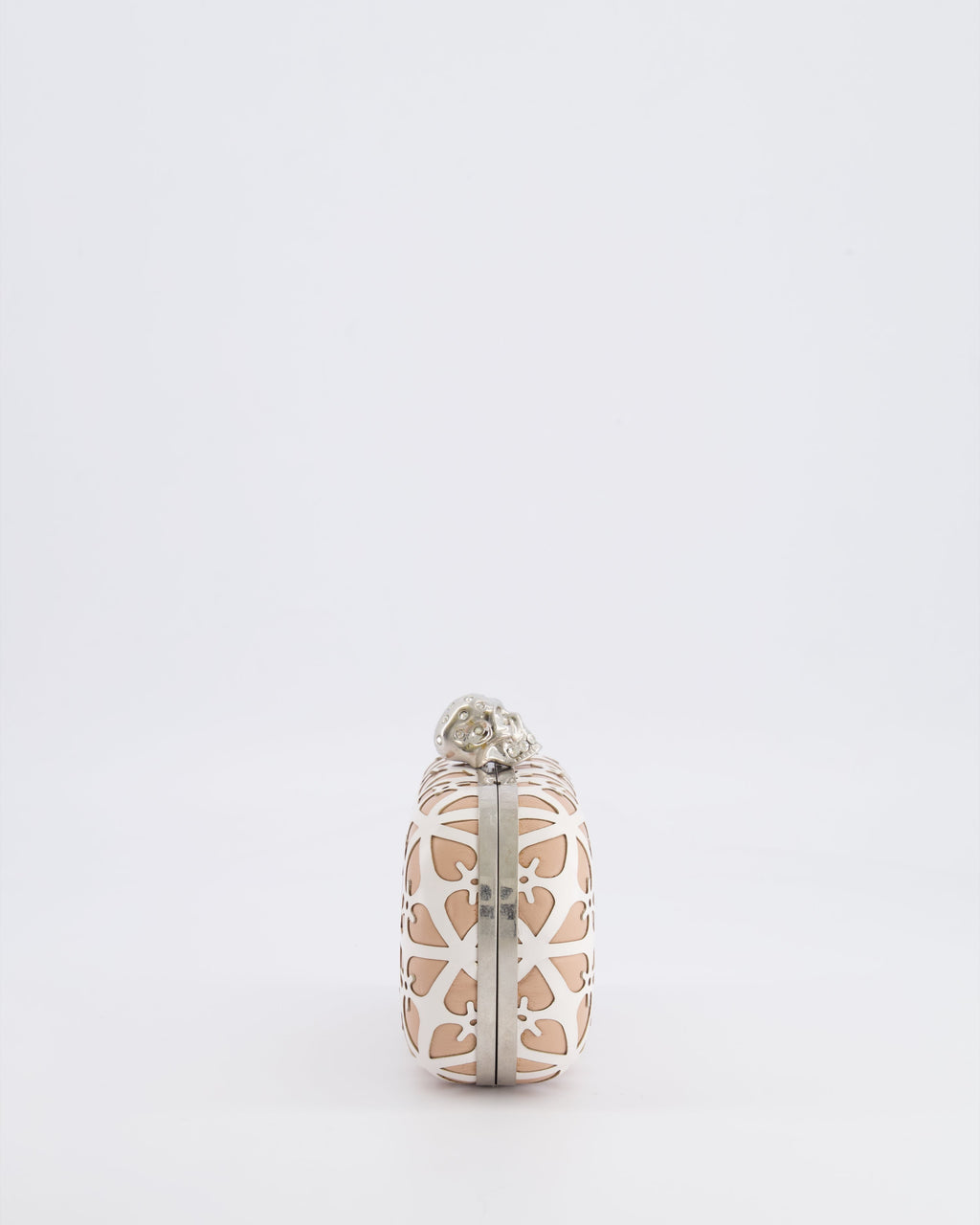 Alexander McQueen Beige and White Leather Laser Cut Skull Box Chain Clutch Bag with Silver and Crystal Embellished Skull Detail RRP £2,690