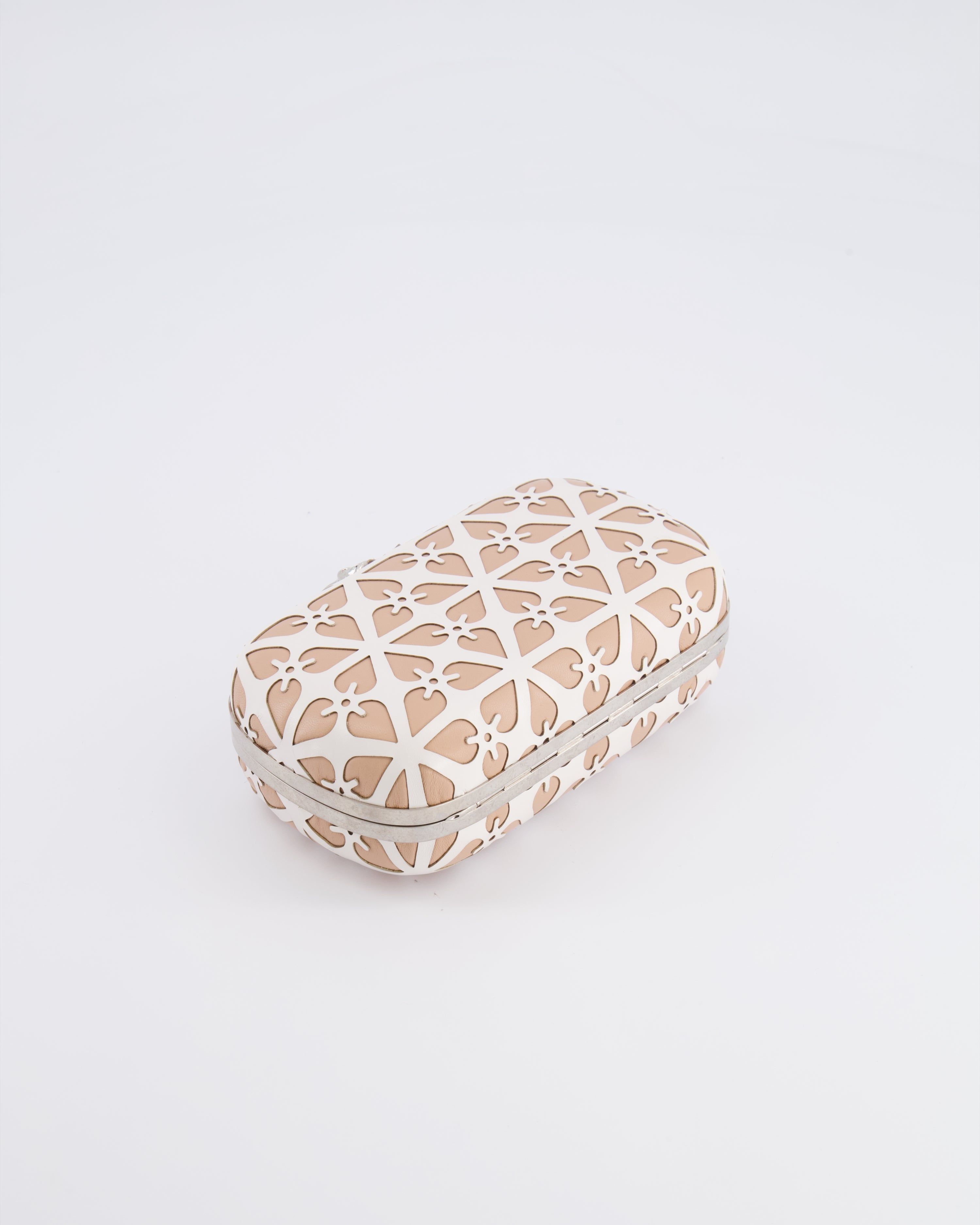 Alexander McQueen Beige and White Leather Laser Cut Skull Box Chain Clutch Bag with Silver and Crystal Embellished Skull Detail RRP £2,690