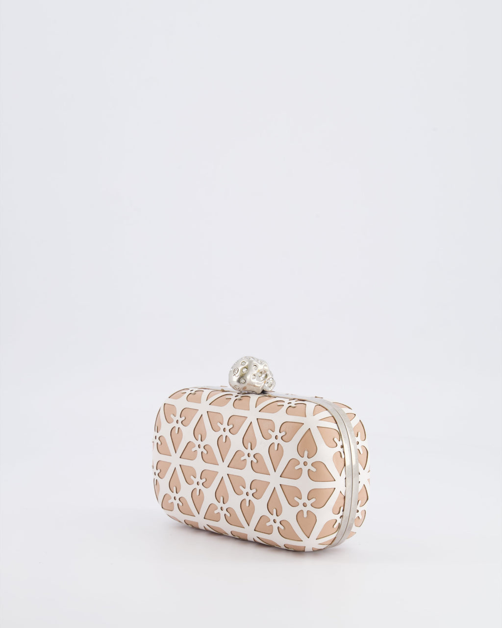 Alexander McQueen Beige and White Leather Laser Cut Skull Box Chain Clutch Bag with Silver and Crystal Embellished Skull Detail RRP £2,690