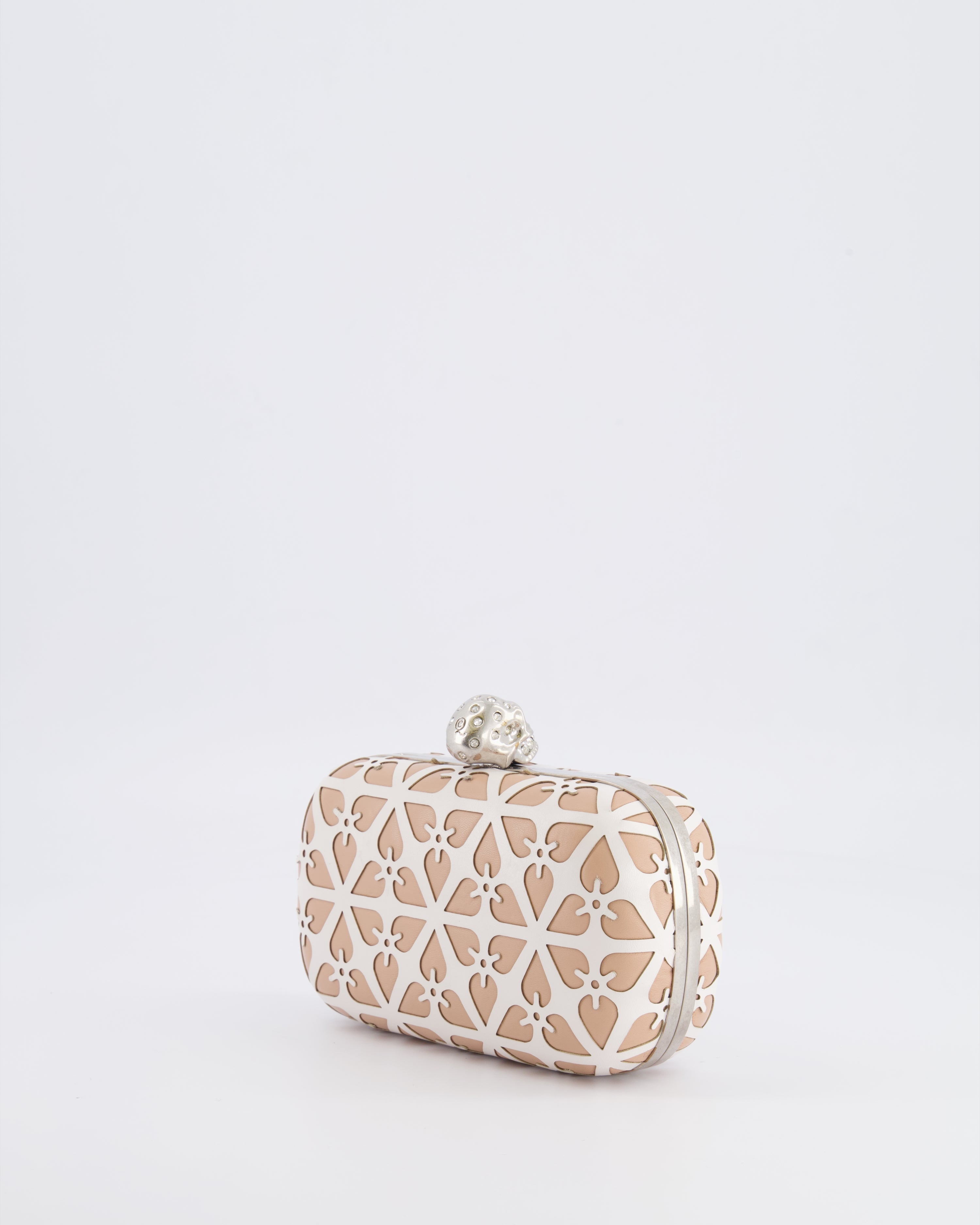 Alexander McQueen Beige and White Leather Laser Cut Skull Box Chain Clutch Bag with Silver and Crystal Embellished Skull Detail RRP £2,690