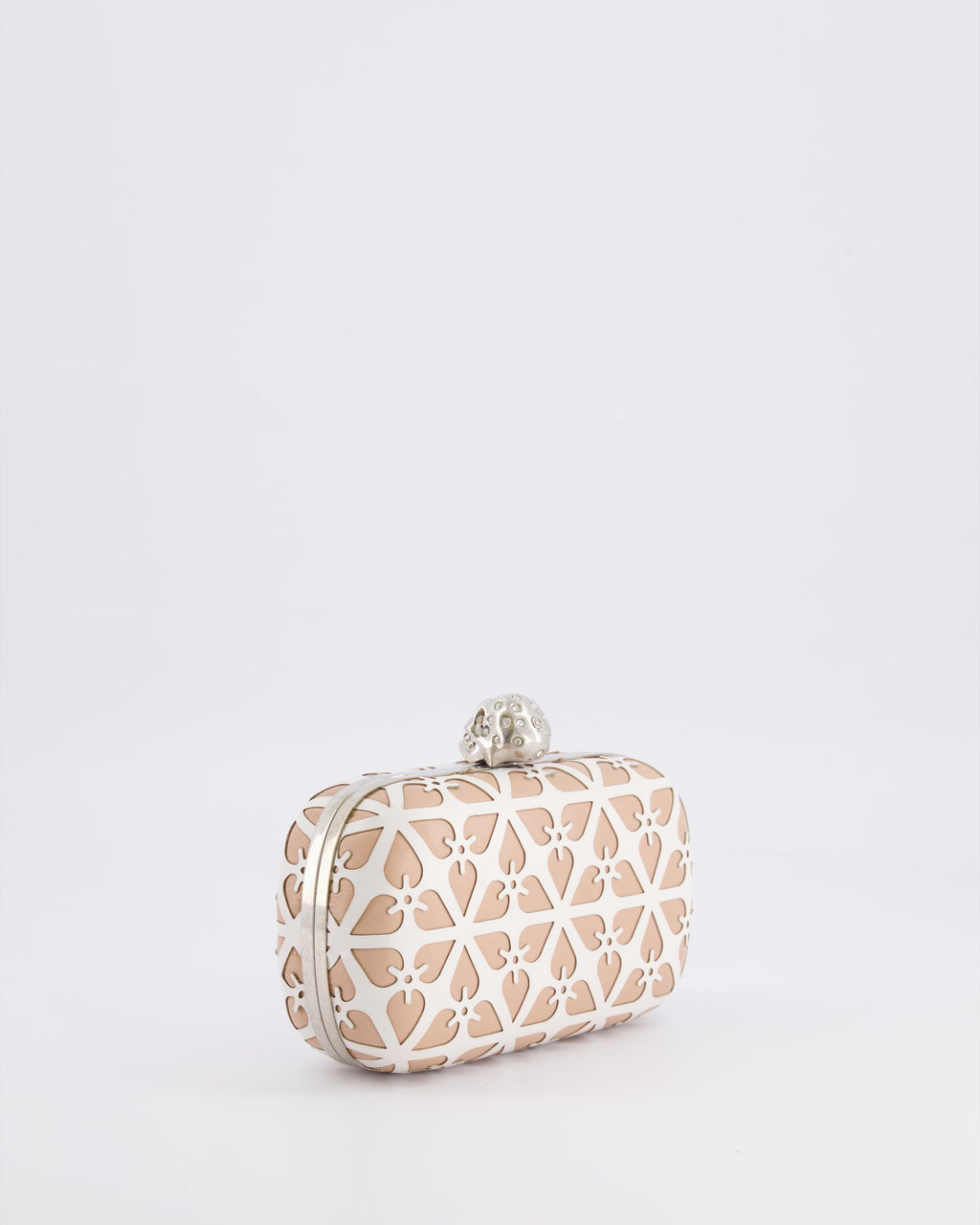 Alexander McQueen Beige and White Leather Laser Cut Skull Box Chain Clutch Bag with Silver and Crystal Embellished Skull Detail RRP £2,690