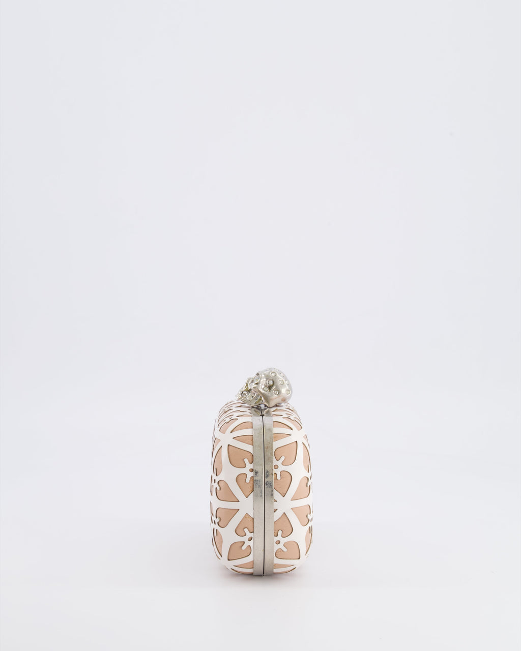 Alexander McQueen Beige and White Leather Laser Cut Skull Box Chain Clutch Bag with Silver and Crystal Embellished Skull Detail RRP £2,690
