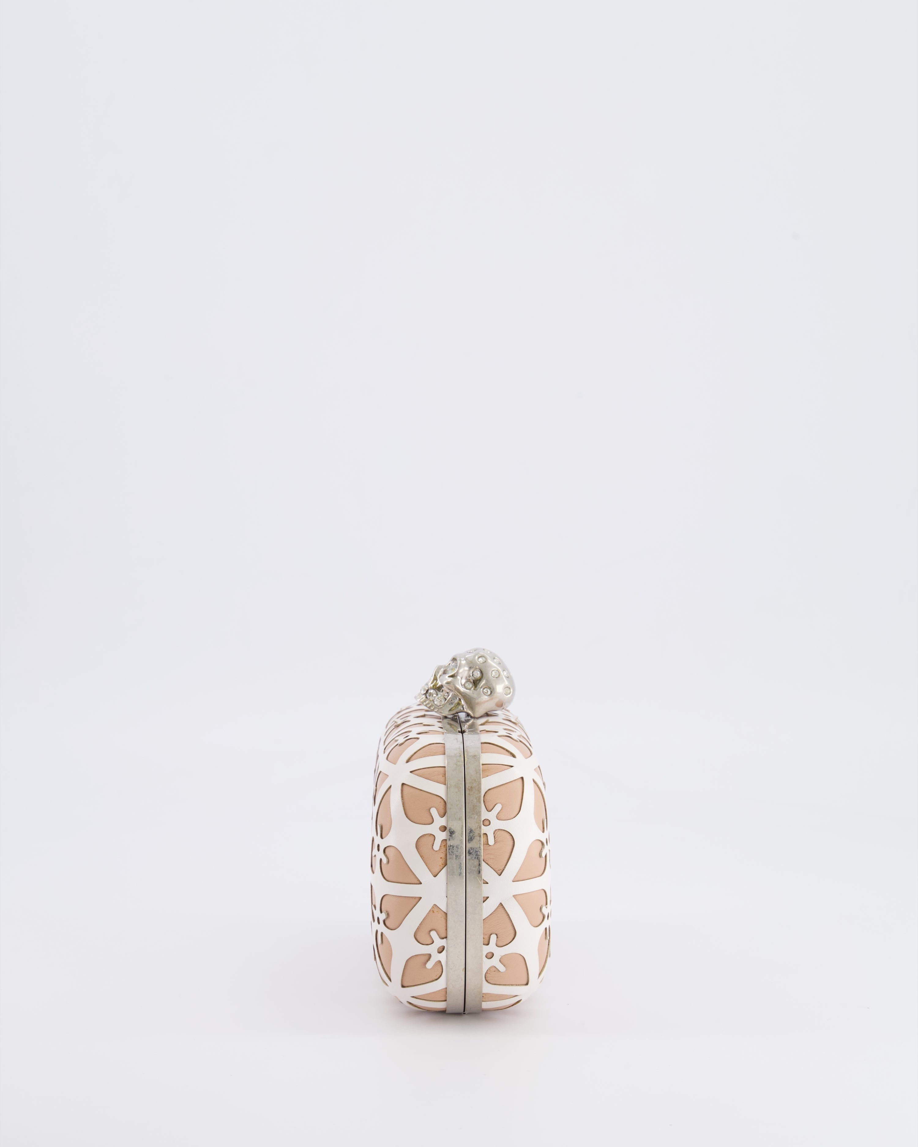 Alexander McQueen Beige and White Leather Laser Cut Skull Box Chain Clutch Bag with Silver and Crystal Embellished Skull Detail RRP £2,690