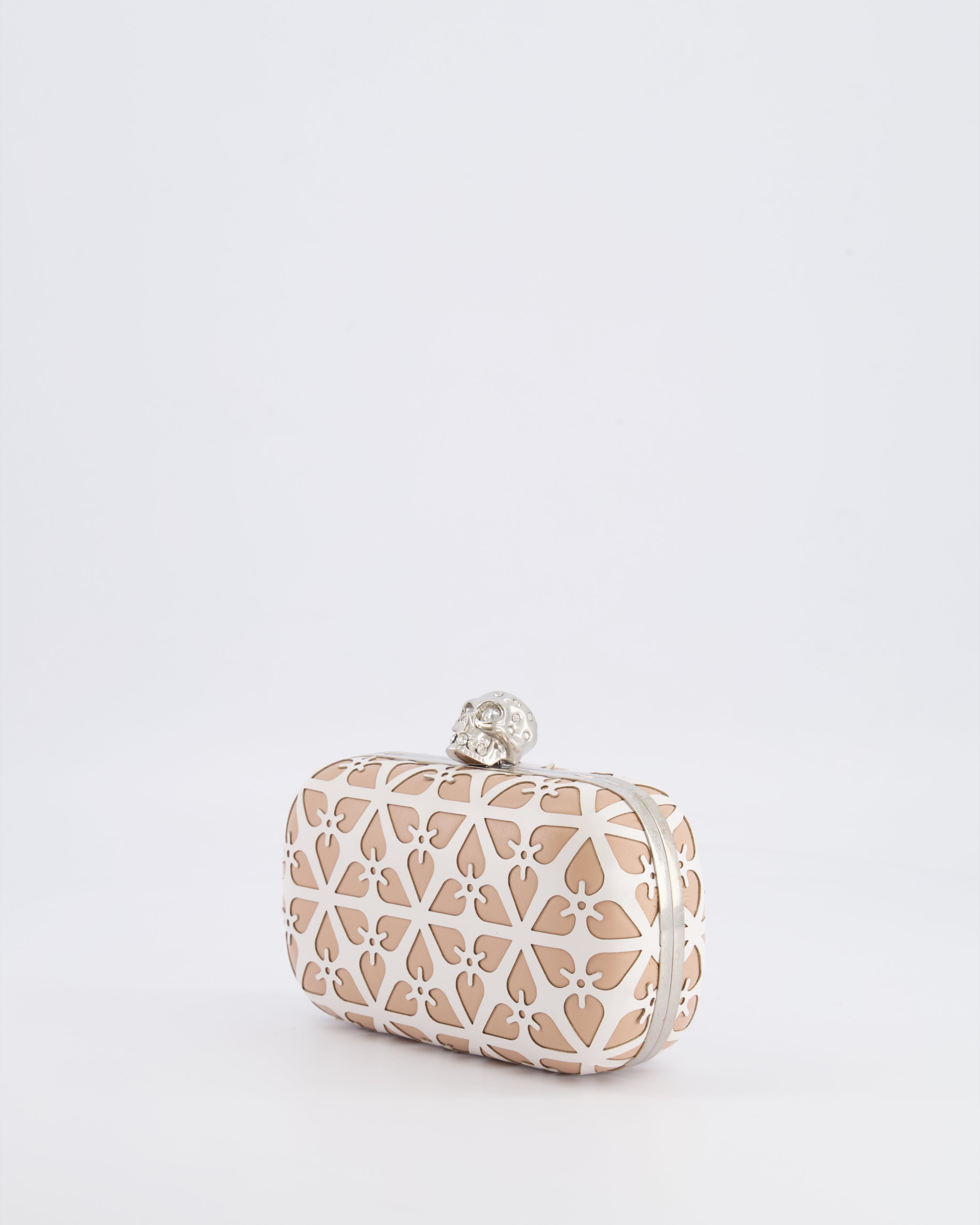 Alexander McQueen Beige and White Leather Laser Cut Skull Box Chain Clutch Bag with Silver and Crystal Embellished Skull Detail RRP £2,690