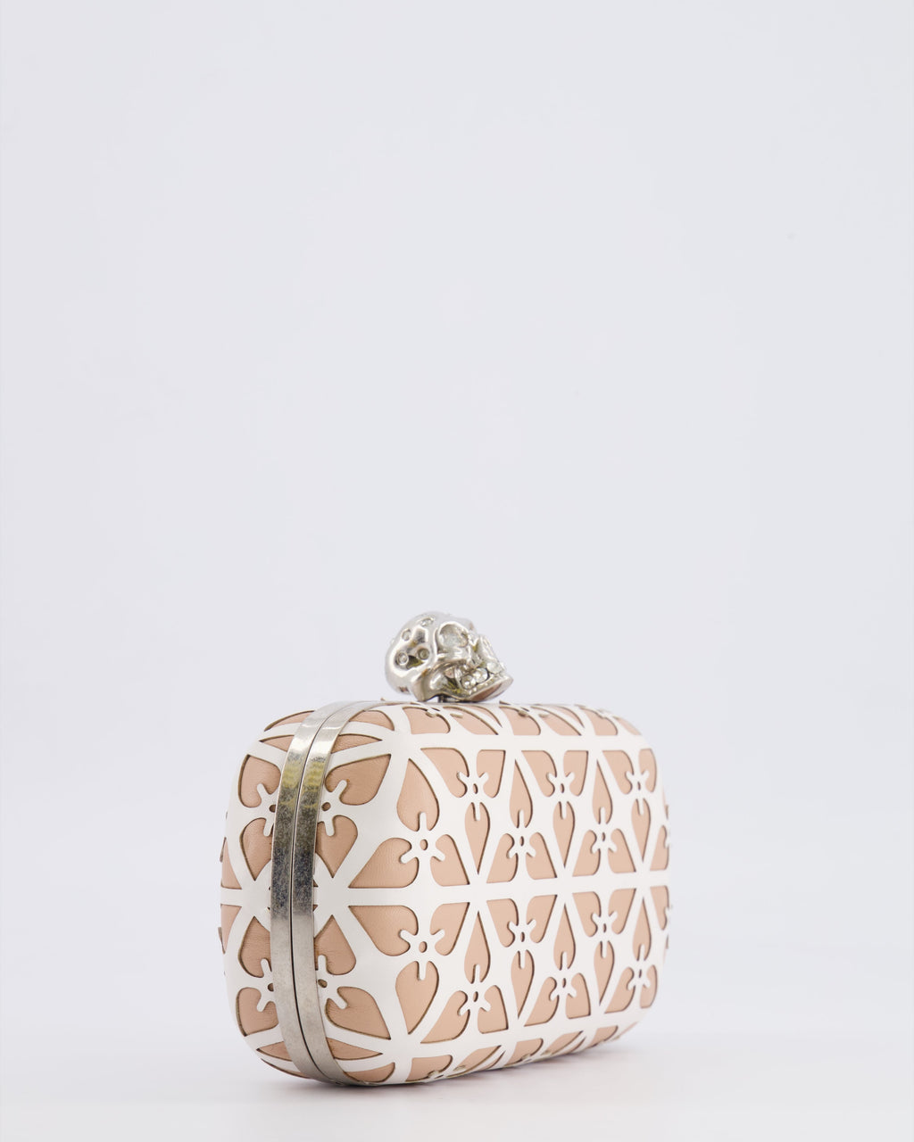 Alexander McQueen Beige and White Leather Laser Cut Skull Box Chain Clutch Bag with Silver and Crystal Embellished Skull Detail RRP £2,690