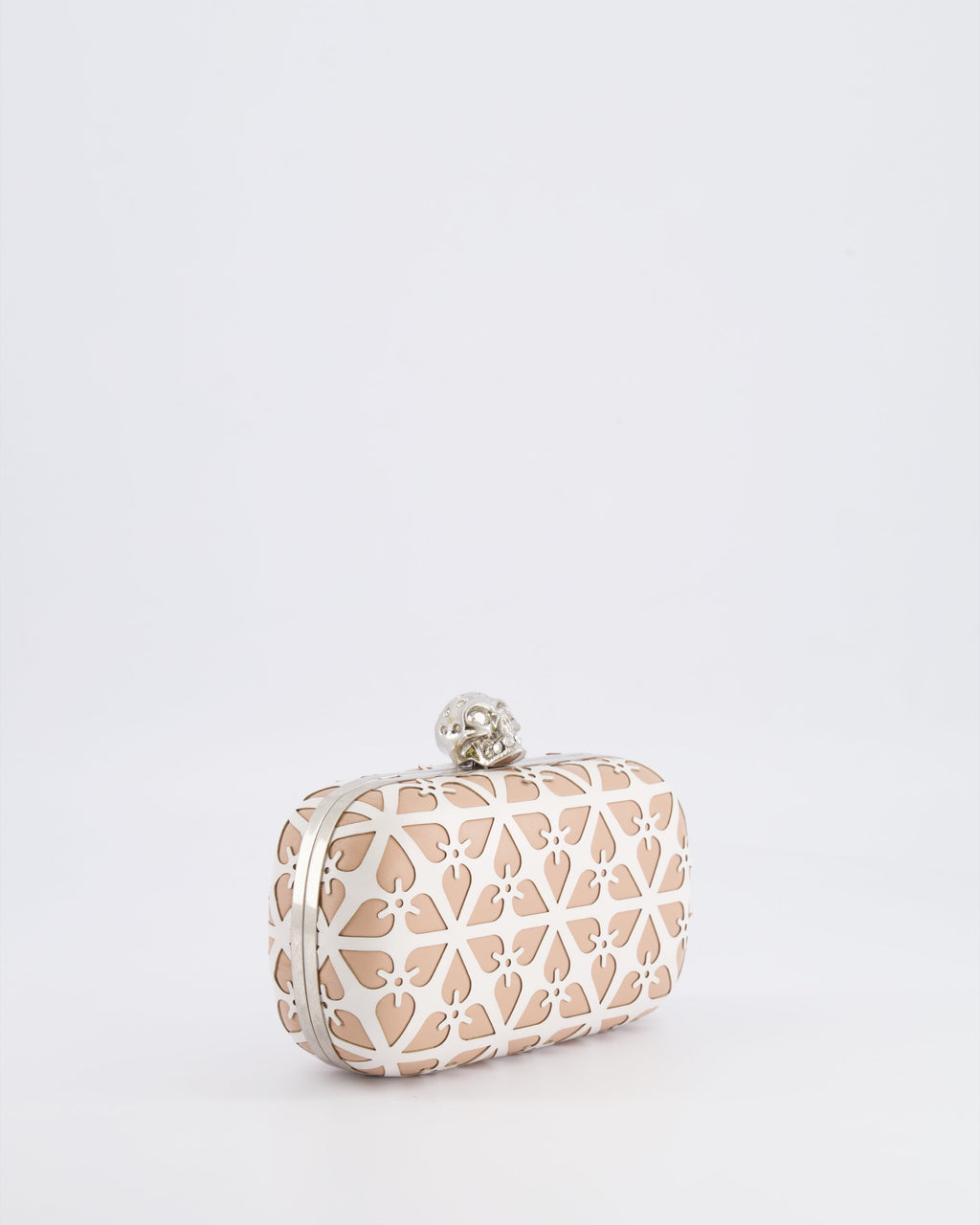 Alexander McQueen Beige and White Leather Laser Cut Skull Box Chain Clutch Bag with Silver and Crystal Embellished Skull Detail RRP £2,690