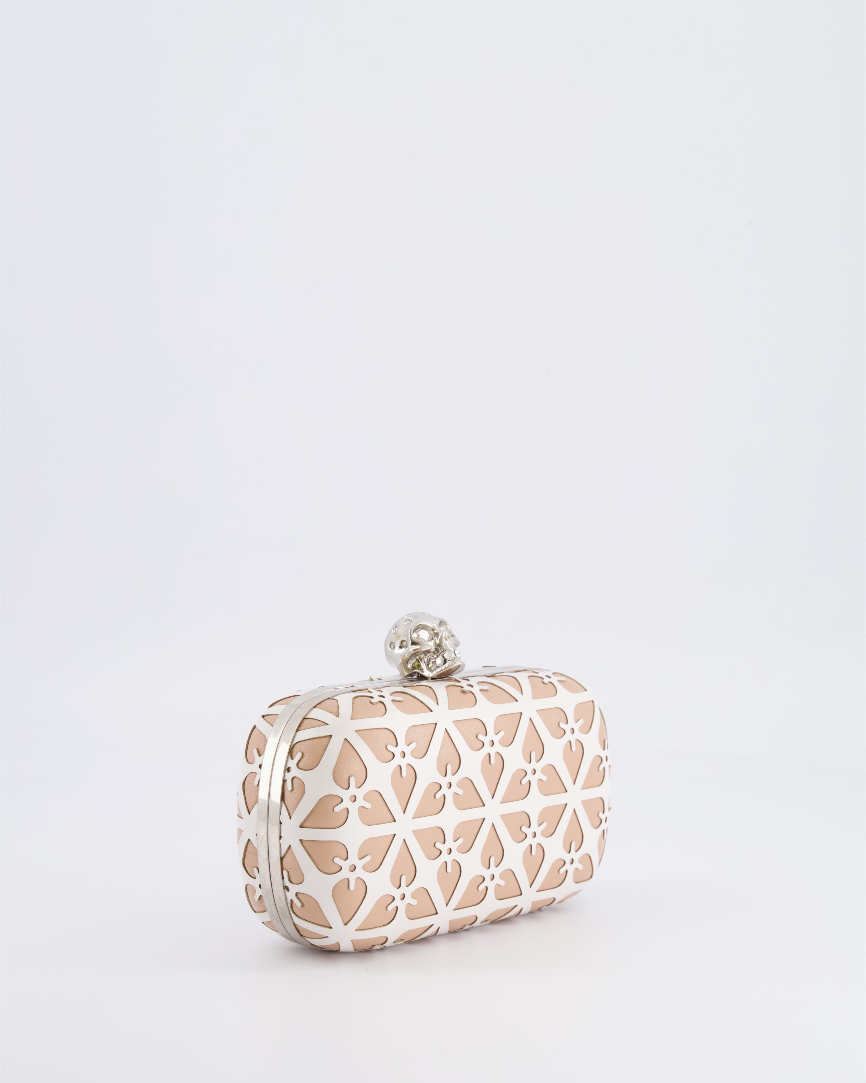 Alexander McQueen Beige and White Leather Laser Cut Skull Box Chain Clutch Bag with Silver and Crystal Embellished Skull Detail RRP £2,690