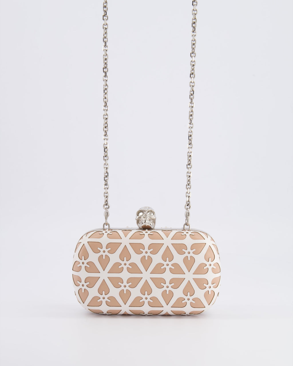 Alexander McQueen Beige and White Leather Laser Cut Skull Box Chain Clutch Bag with Silver and Crystal Embellished Skull Detail RRP £2,690