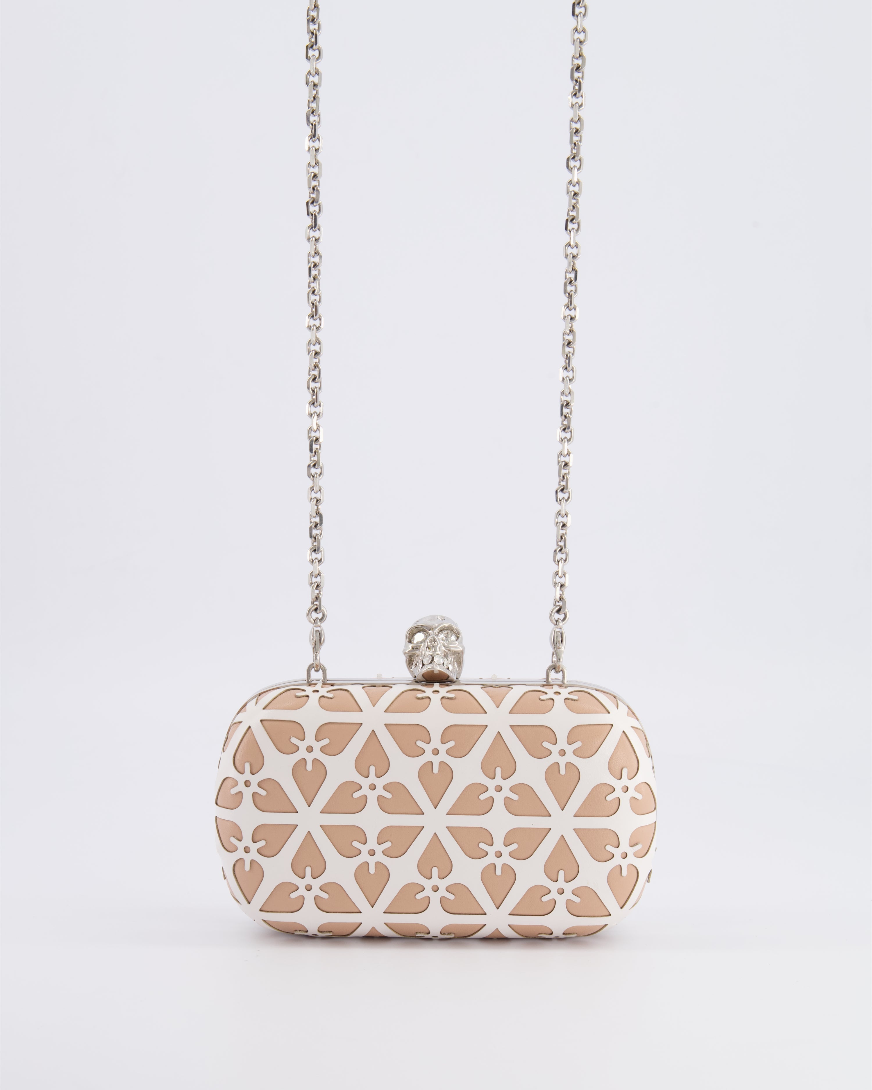 Alexander McQueen Beige and White Leather Laser Cut Skull Box Chain Clutch Bag with Silver and Crystal Embellished Skull Detail RRP £2,690