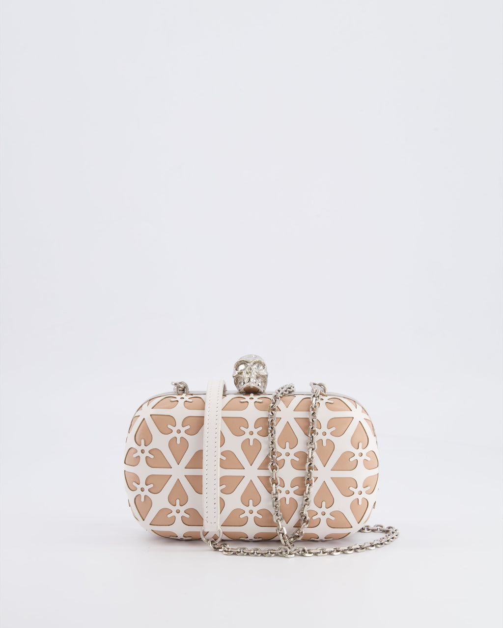 Alexander McQueen Beige and White Leather Laser Cut Skull Box Chain Clutch Bag with Silver and Crystal Embellished Skull Detail RRP £2,690