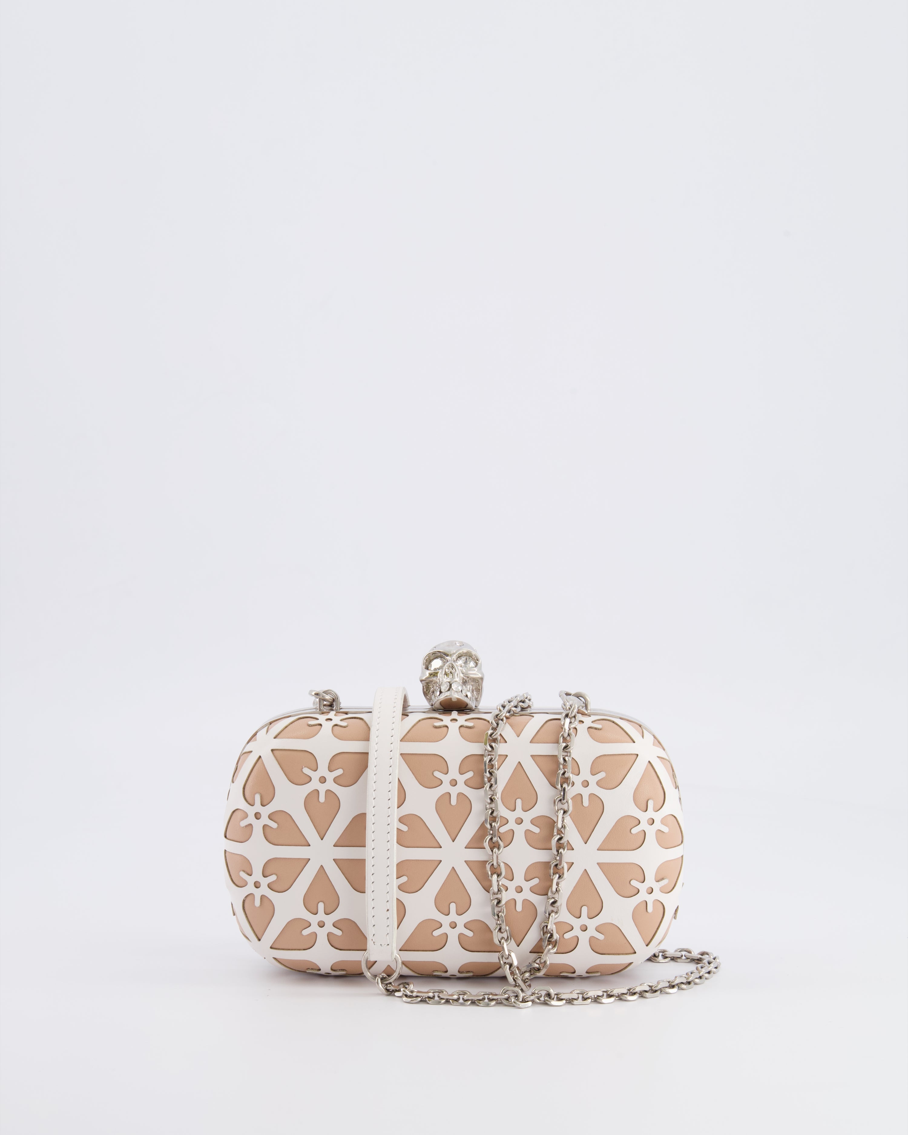 Alexander McQueen Beige and White Leather Laser Cut Skull Box Chain Clutch Bag with Silver and Crystal Embellished Skull Detail RRP £2,690
