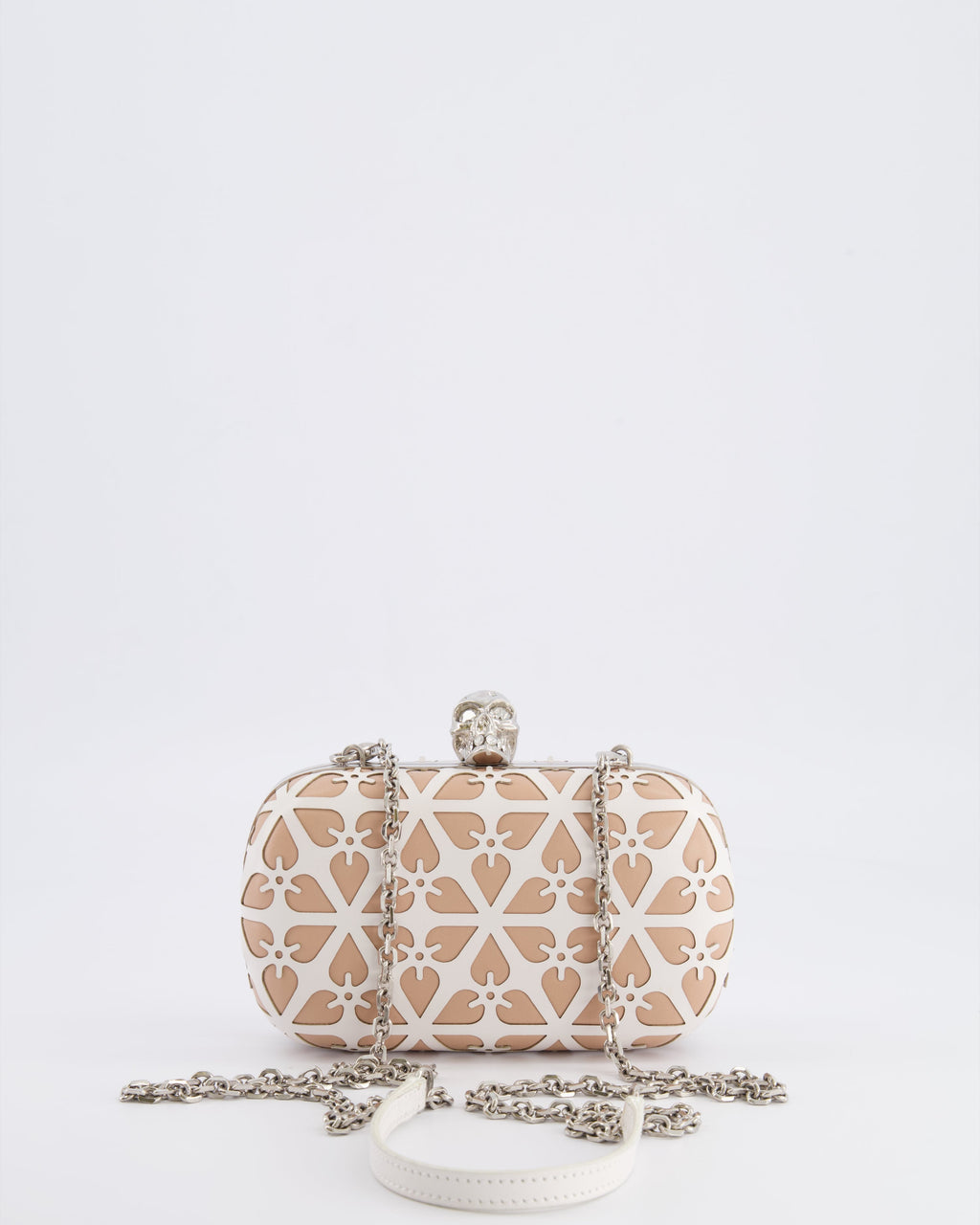 Alexander McQueen Beige and White Leather Laser Cut Skull Box Chain Clutch Bag with Silver and Crystal Embellished Skull Detail RRP £2,690