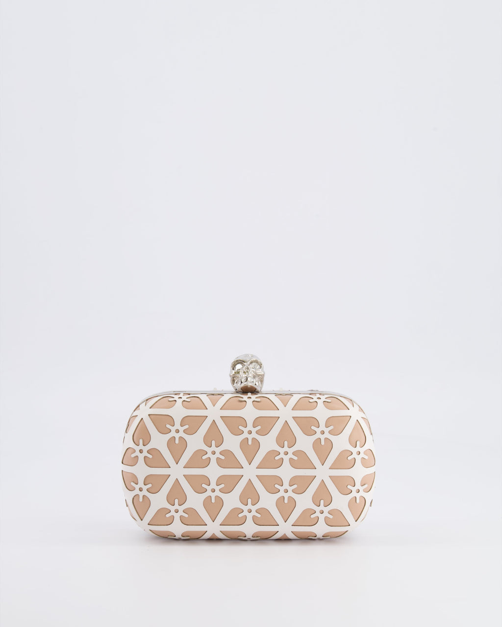 Alexander McQueen Beige and White Leather Laser Cut Skull Box Chain Clutch Bag with Silver and Crystal Embellished Skull Detail RRP £2,690